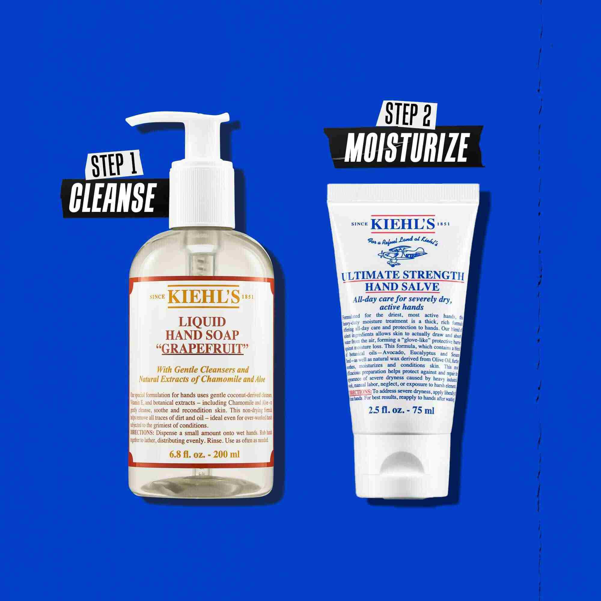 Ilustracija rutine s Kiehl's Ultimate Strength Hand Salve – čiščenje, vlaženje