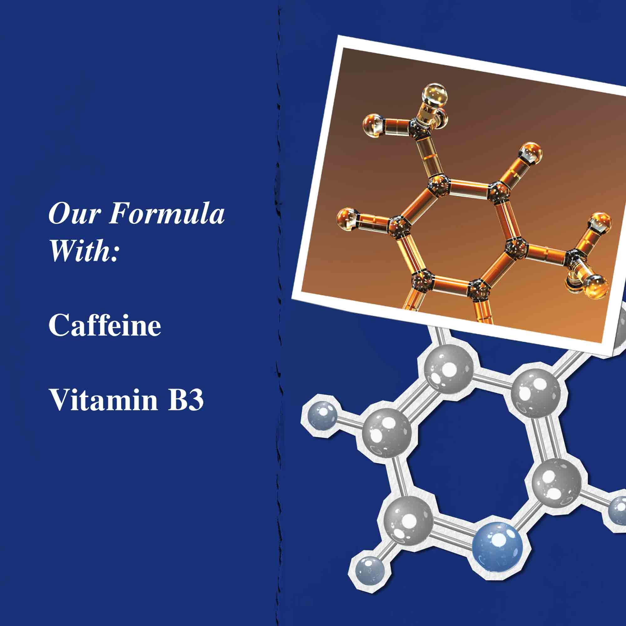 Grafični prikaz ključnih sestavin: kofein in vitamin B3.