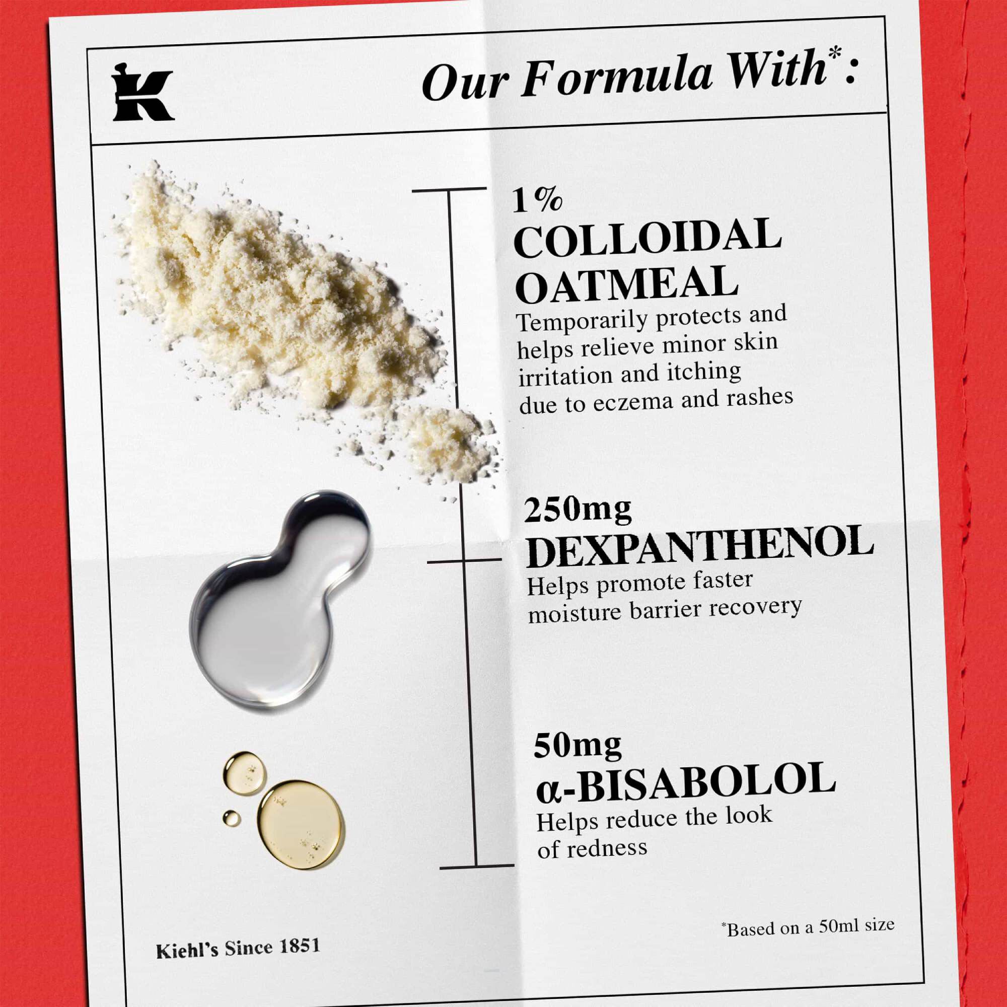 Seznam sestavin: 1 % koloidna ovsena kaša (blaži manjša draženja kože), 250 mg dekspantenola (obnova bariere) in 50 mg α-bisabolola (zmanjšuje rdečico).