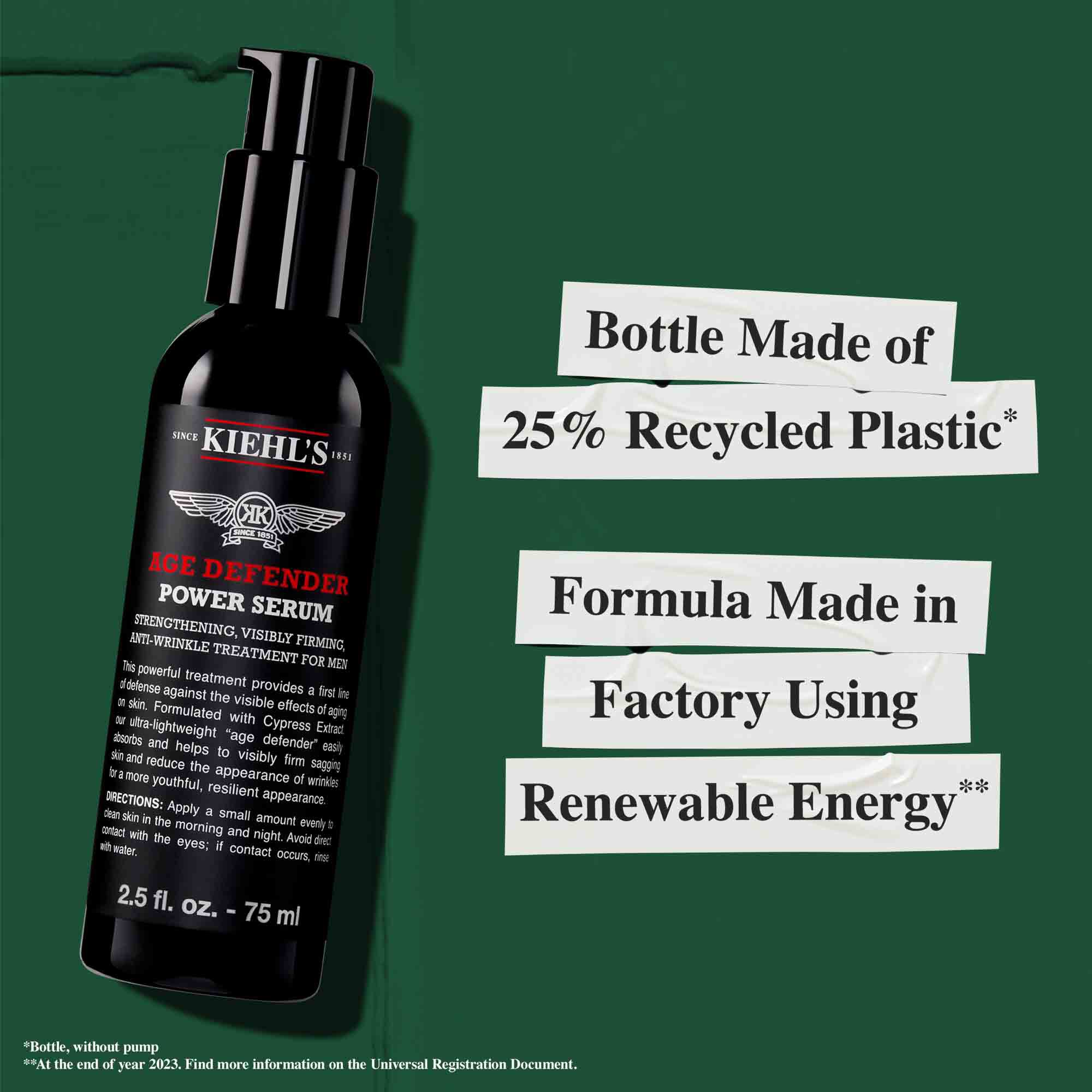 Steklenička seruma Age Defender Power Serum izdelana iz 25 % reciklirane plastike; formula izdelana v tovarni z uporabo obnovljive energije.
