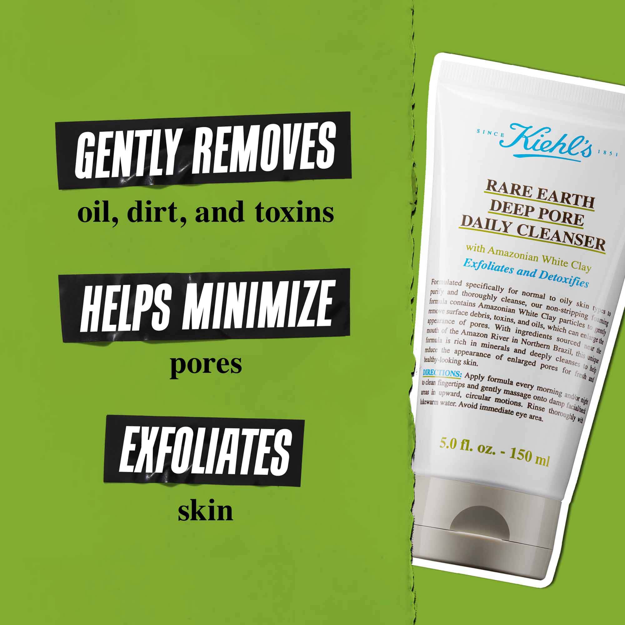 Tuba Rare Earth Deep Pore Daily Cleanser na zelenem ozadju z besedilom: »Nežno odstrani umazanijo, olje in toksine. Ohranja pore zmanjšane. Naredi piling in globinsko očisti kožo.«