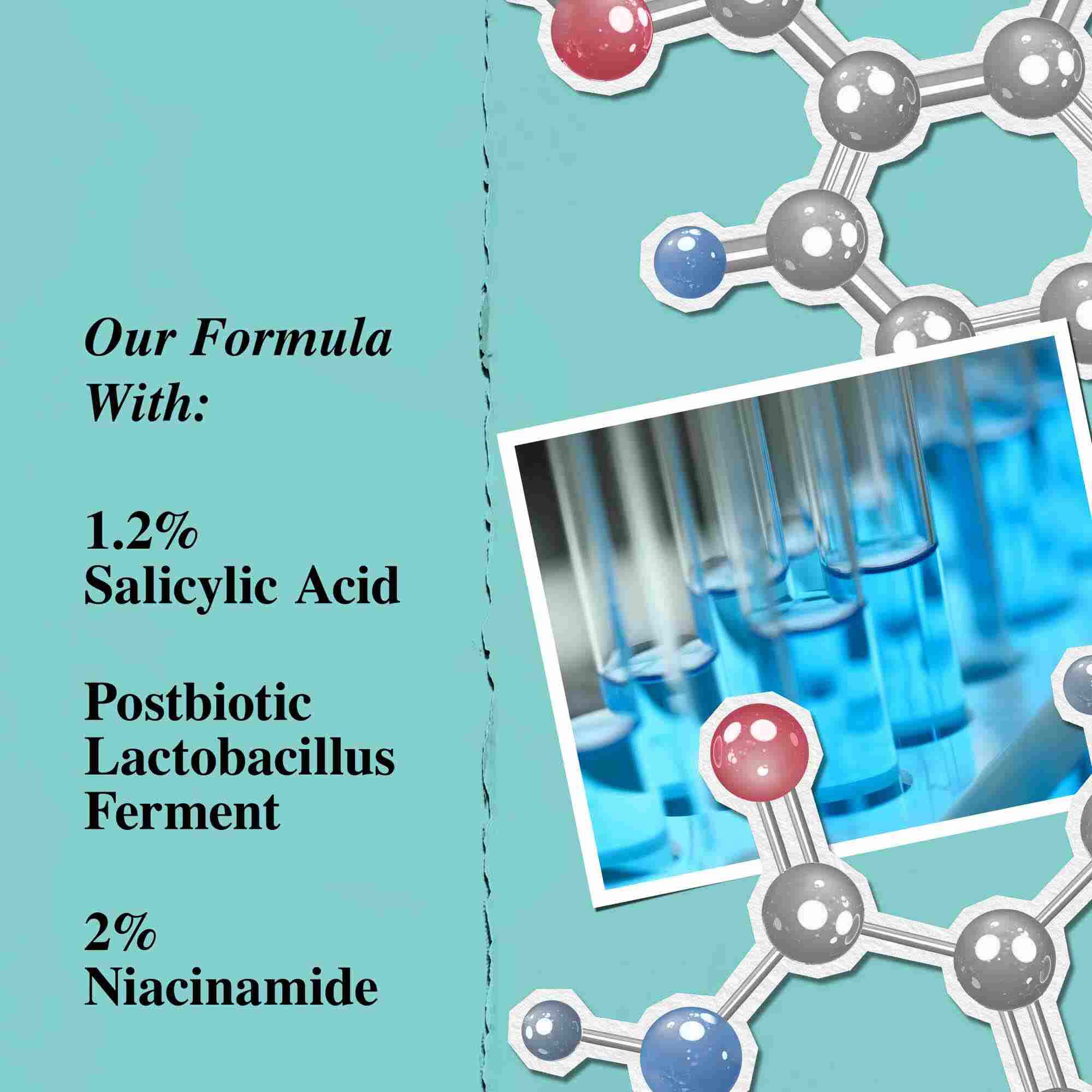 Grafika, ki poudarja ključne sestavine Expertly Clear Blemish-Treating & Preventing Lotion, vključno s salicilno kislino, postbiotičnim fermentom laktobacila in niacinamidom.