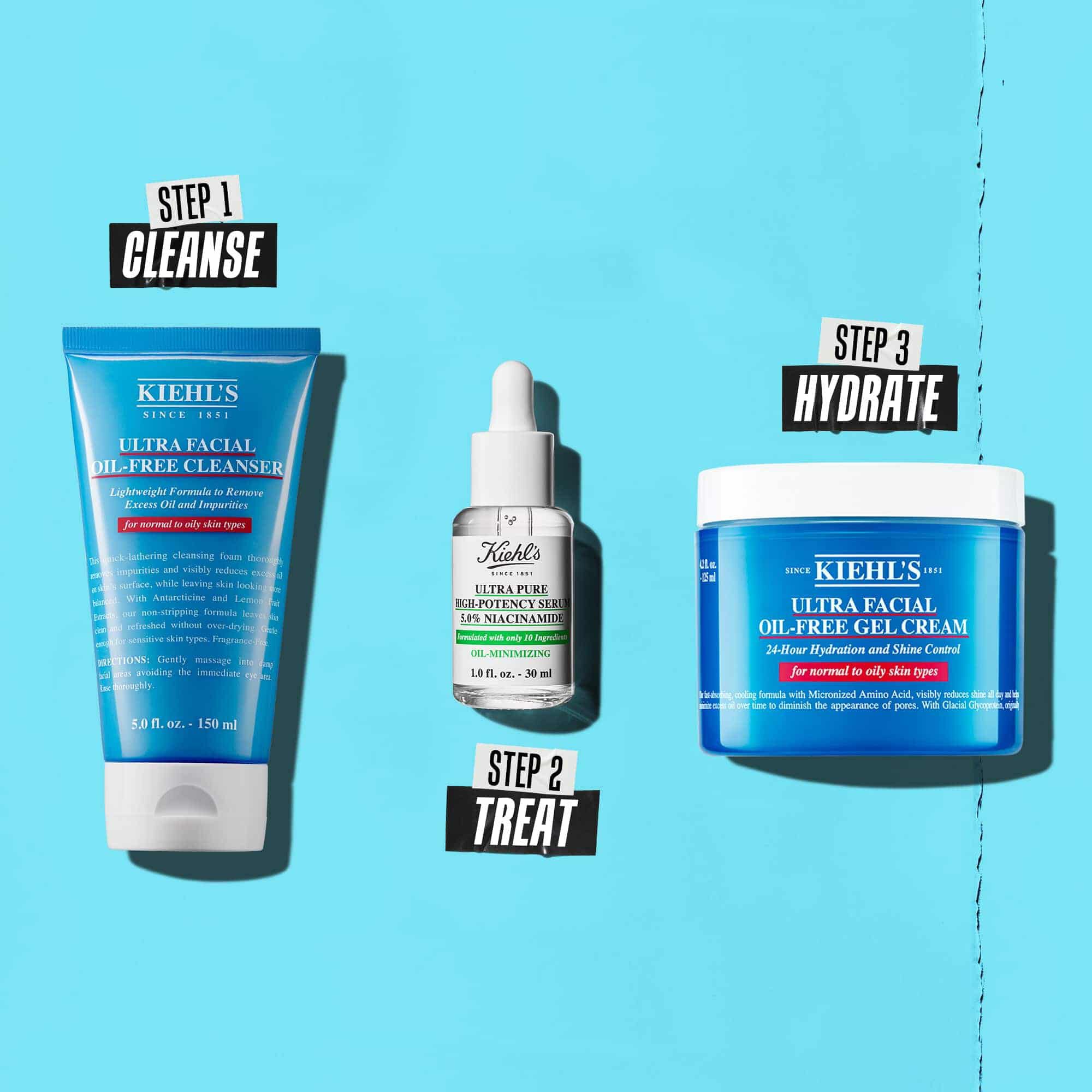 Tristopenjska rutina z izdelki Kiehl's. 1. korak: Ultra Facial Oil-Free Cleanser. 2. korak: Serum z niacinamidom. 3. korak: Ultra Facial Oil-Free Gel Cream.