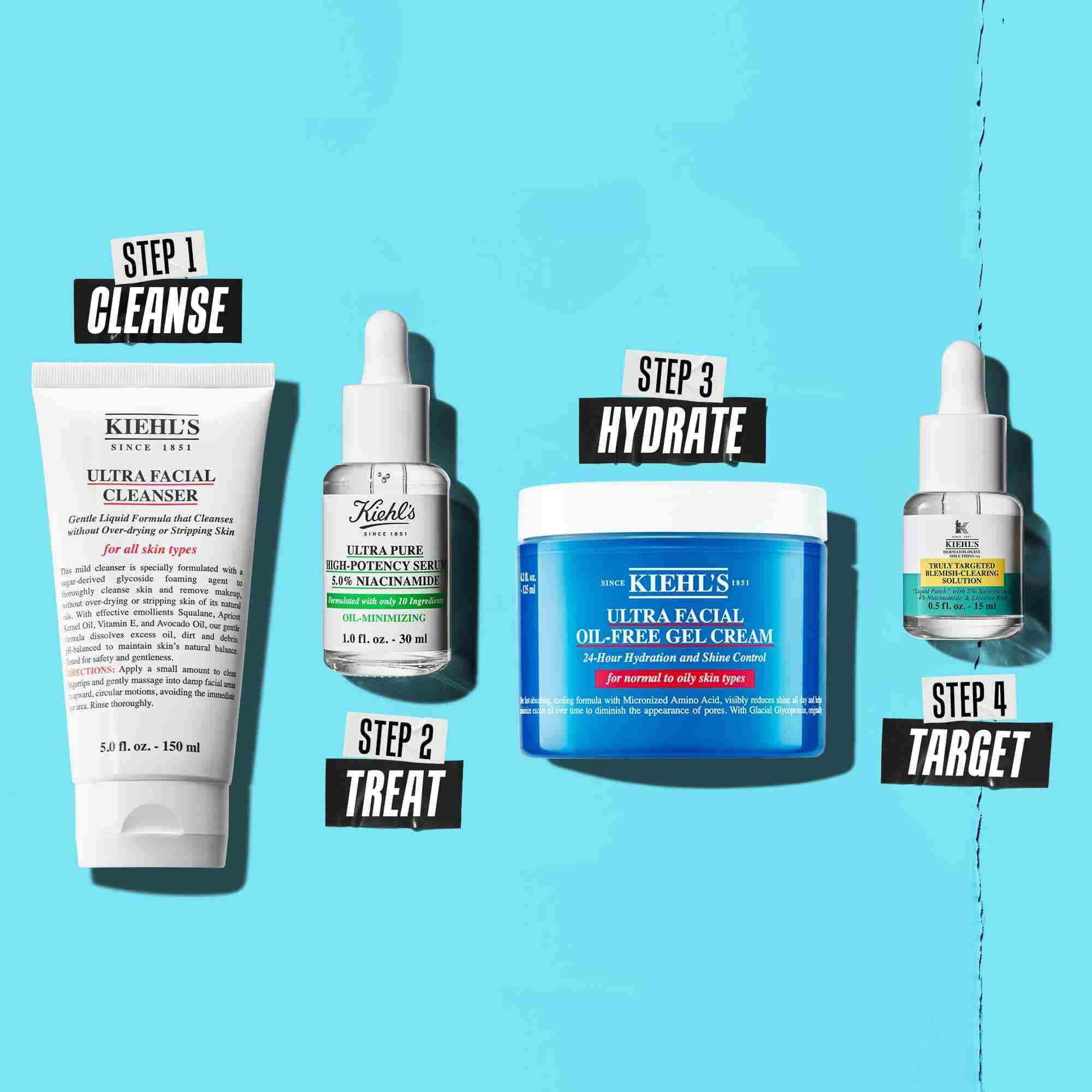 Grafika rutine, ki vključuje Ultra Facial Cleanser, niacinamid, Ultra Facial Oil-Free Gel Cream in raztopino za akne.