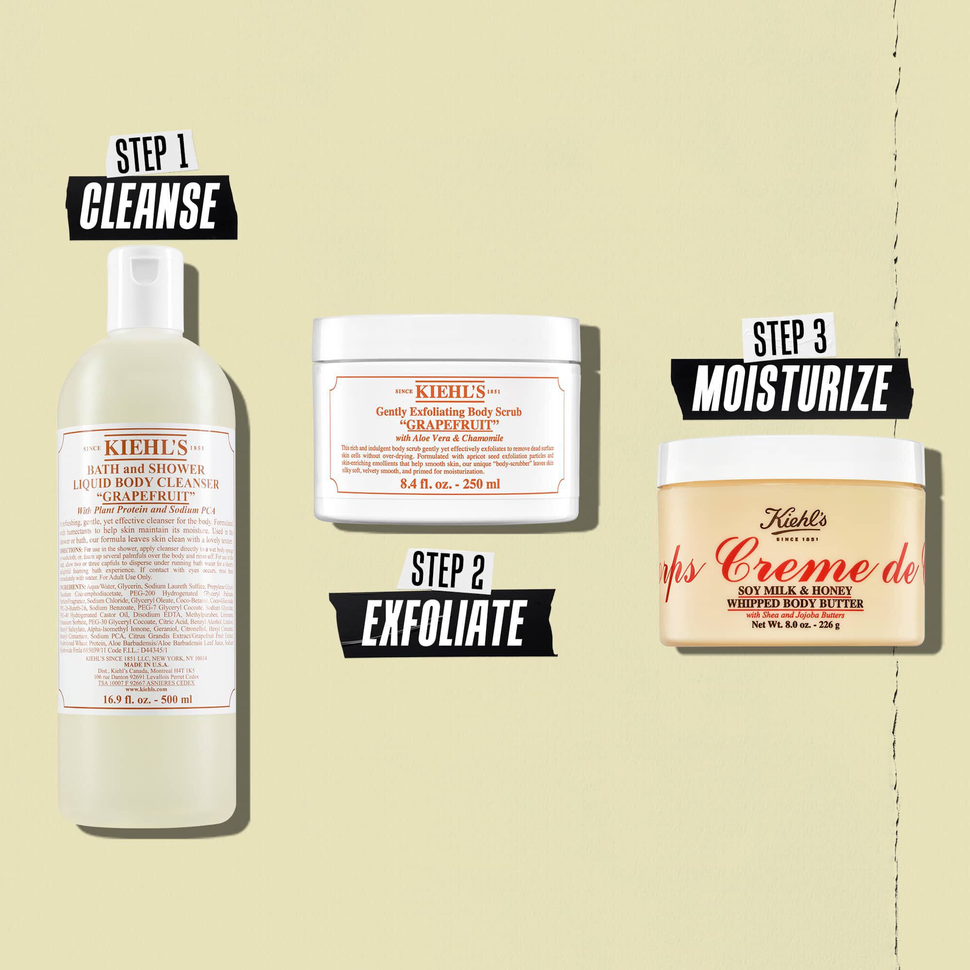 Ilustracija rutine z maslom za telo Creme de Corps Whipped Butter – čiščenje, piling, vlaženje
