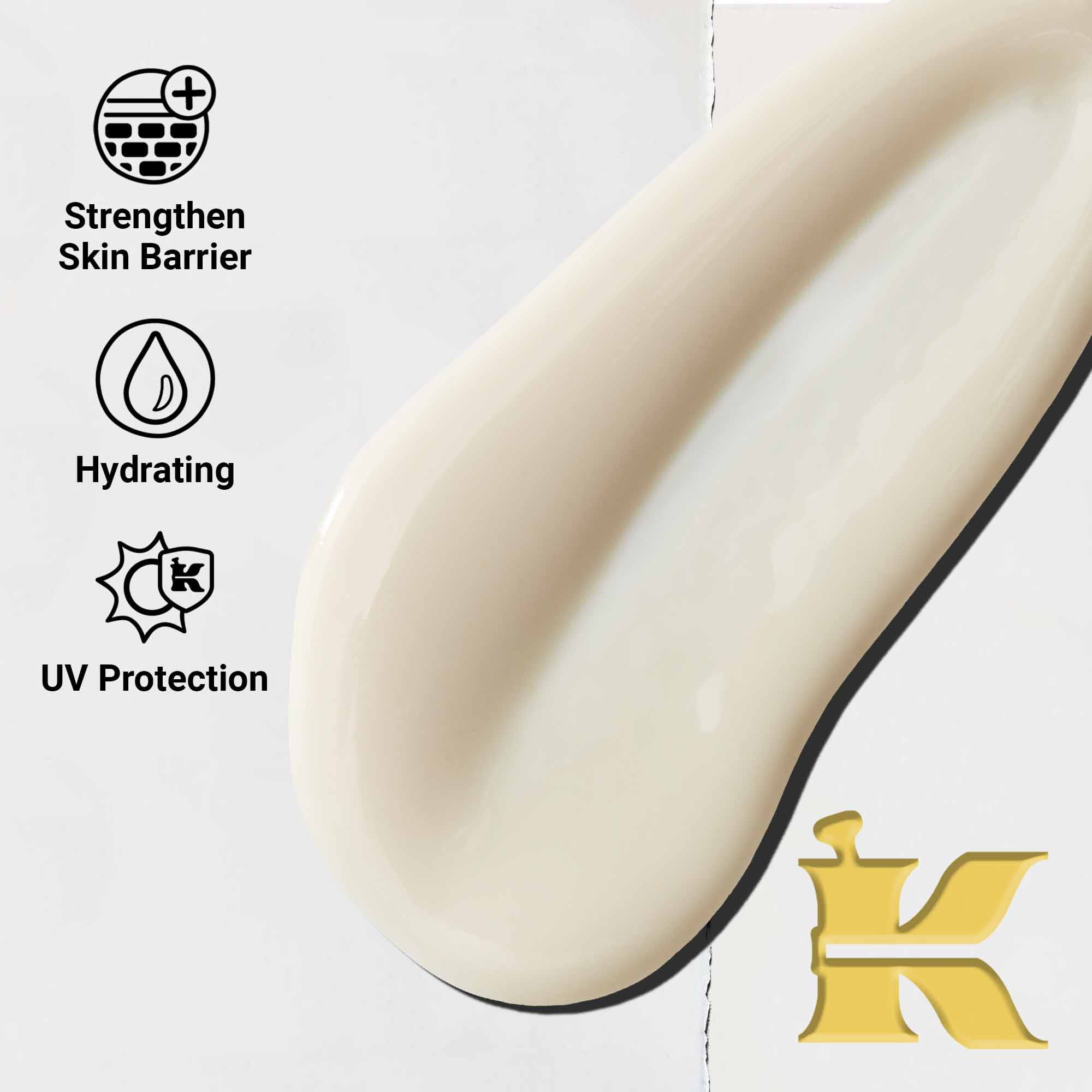 Bližinski posnetek teksture Ultra-Light Daily UV Defense. Besedilo poudarja njegovo lahko, vlažilno in širokospektralno UV zaščito.