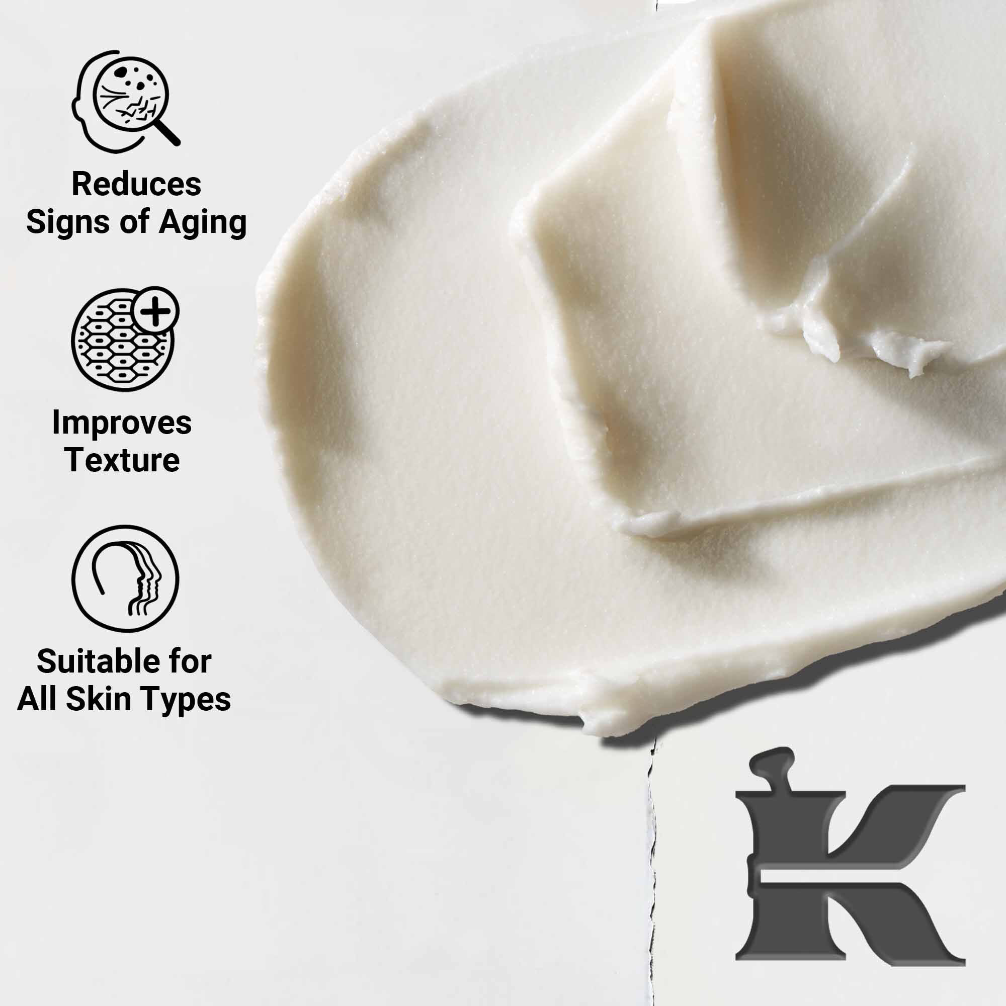 Bližinski posnetek teksture kreme Age Defender Eye Repair; zmanjšuje znake staranja in izboljšuje teksturo, primerna za vse tipe kože.