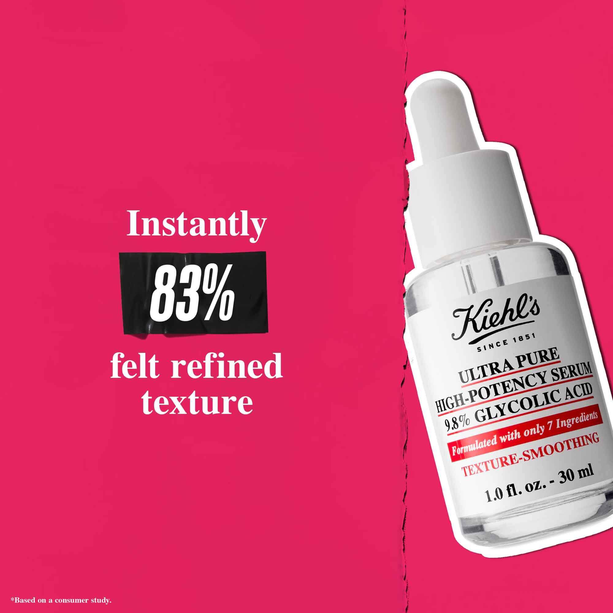 Steklenička Ultra Pure 9.8% Glycolic Acid Serum na roza ozadju z besedilom: »Takoj je 83 % občutilo izboljšano teksturo.«