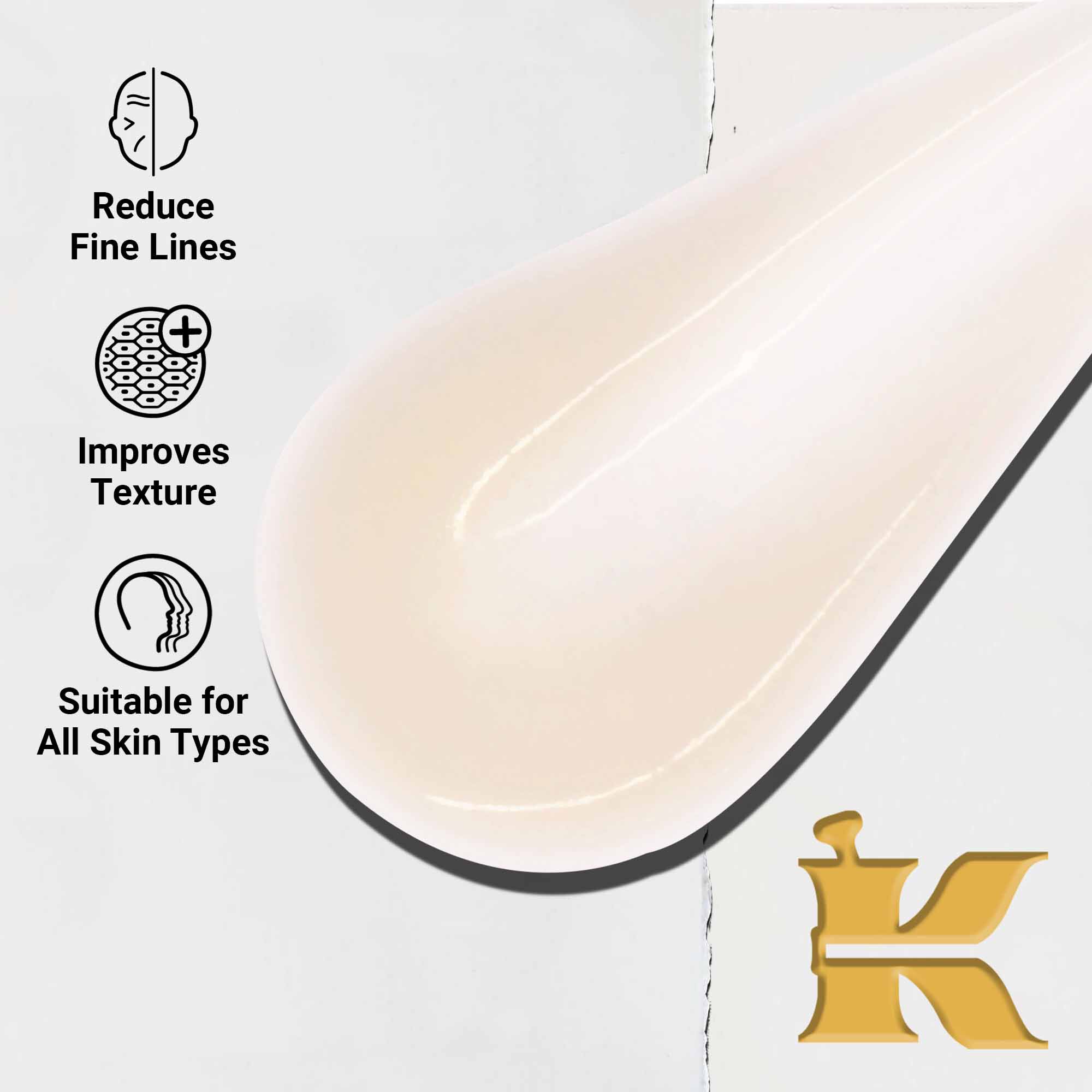 Bližinski posnetek teksture Powerful-Strength Line-Reducing Concentrate. Besedilo poudarja njegovo sposobnost zmanjšanja drobnih gubic, izboljšanja teksture in primernost za vse tipe kože.