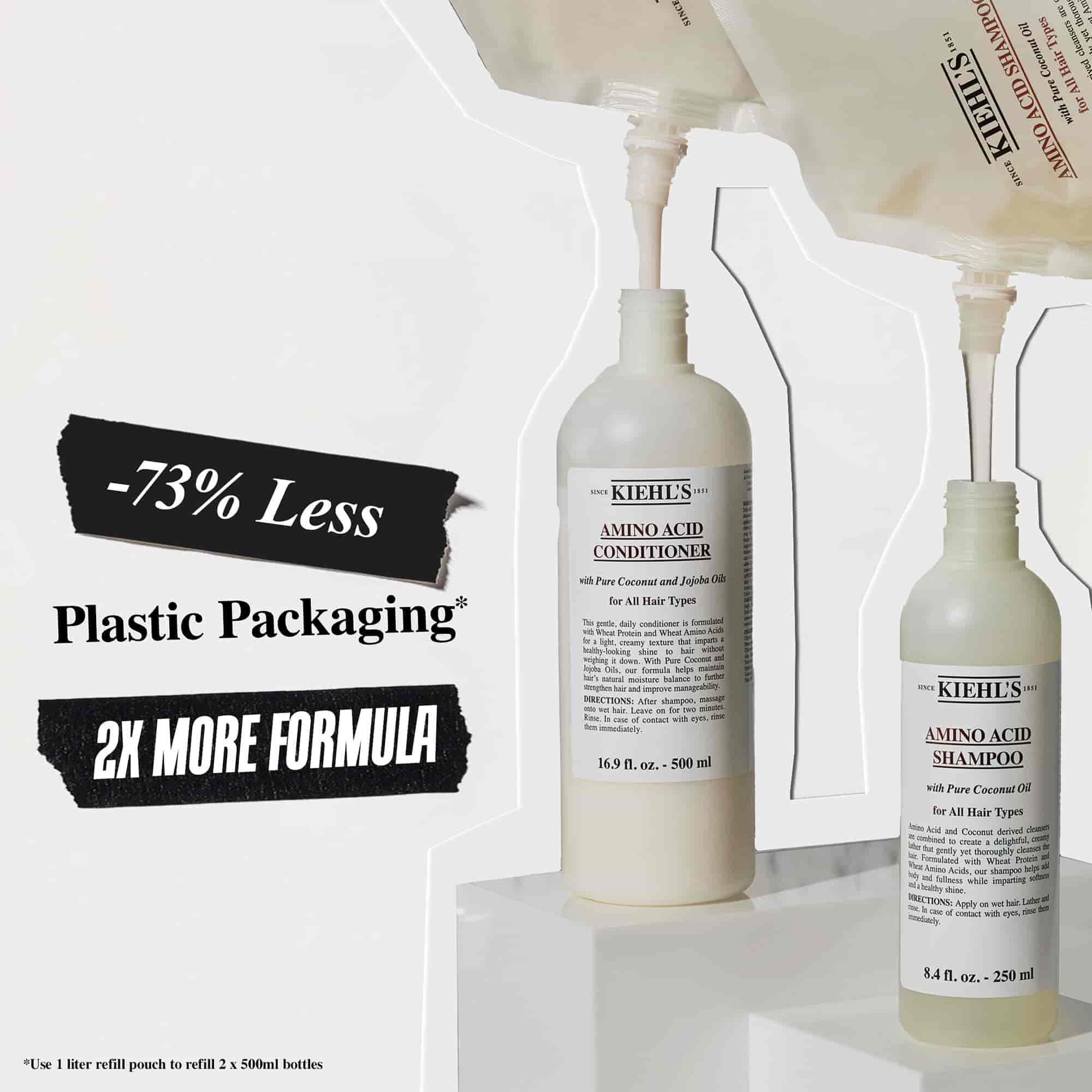 73 % manj plastične embalaže in dvakrat več formule z Kiehl's Aminoacid Conditioner polnilno vrečko
