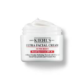 125-mililitrski lonček kreme Kiehl's Ultra Facial Cream SPF 30 s stepeno teksturo na belem ozadju.