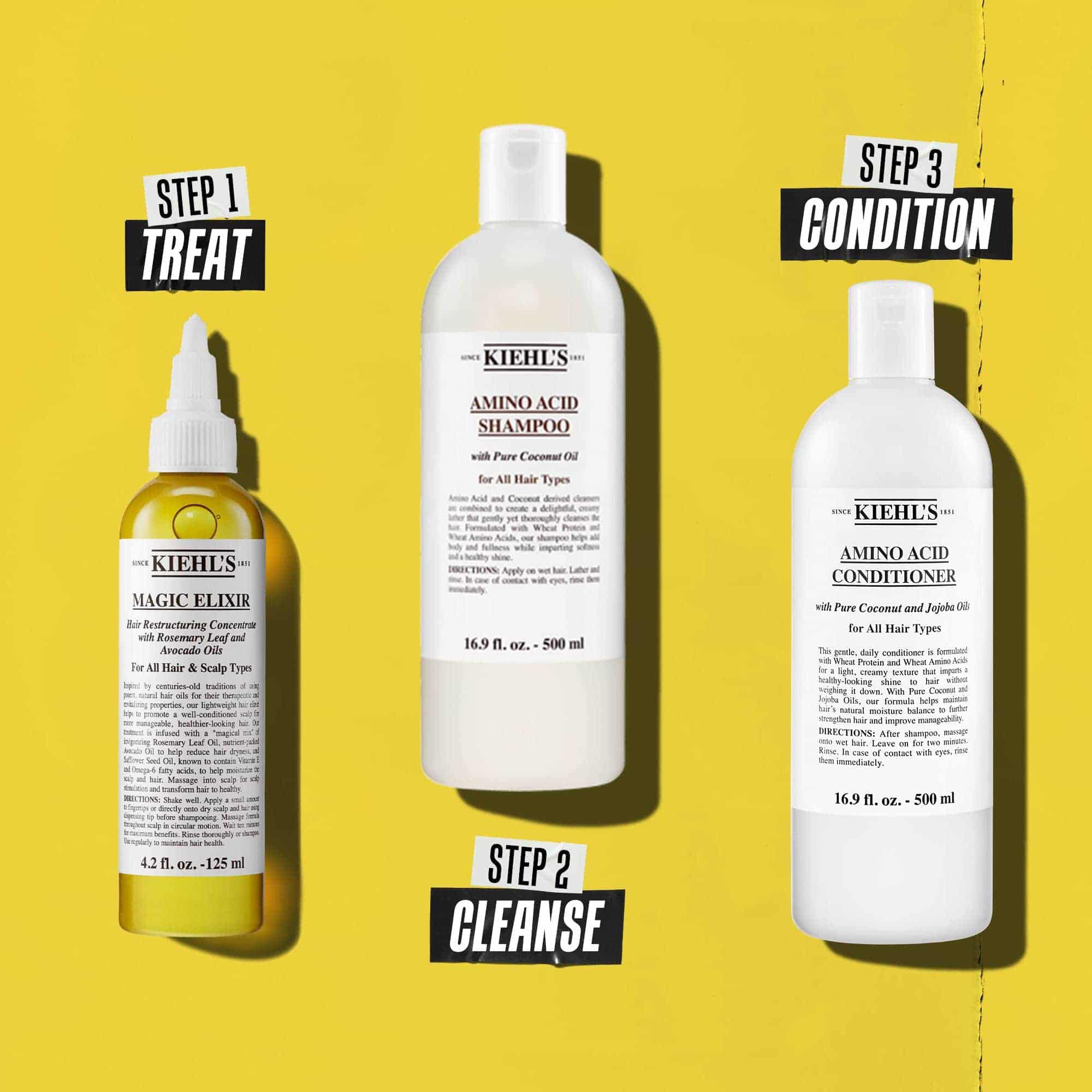 Tristopenjska rutina za lase z izdelki Kiehl's. 1. korak: Magic Elixir Hair Oil. 2. korak: Amino Acid Shampoo. 3. korak: Amino Acid Conditioner. Besedilo označuje vsak korak kot »Nega«, »Čiščenje« in »Balzam«.