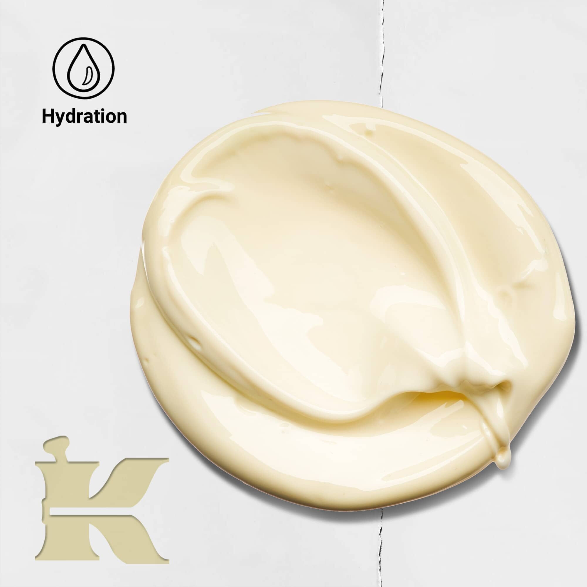 Creme de Corps texture photo with icons stating it offers hydration and contains natural ingredients
