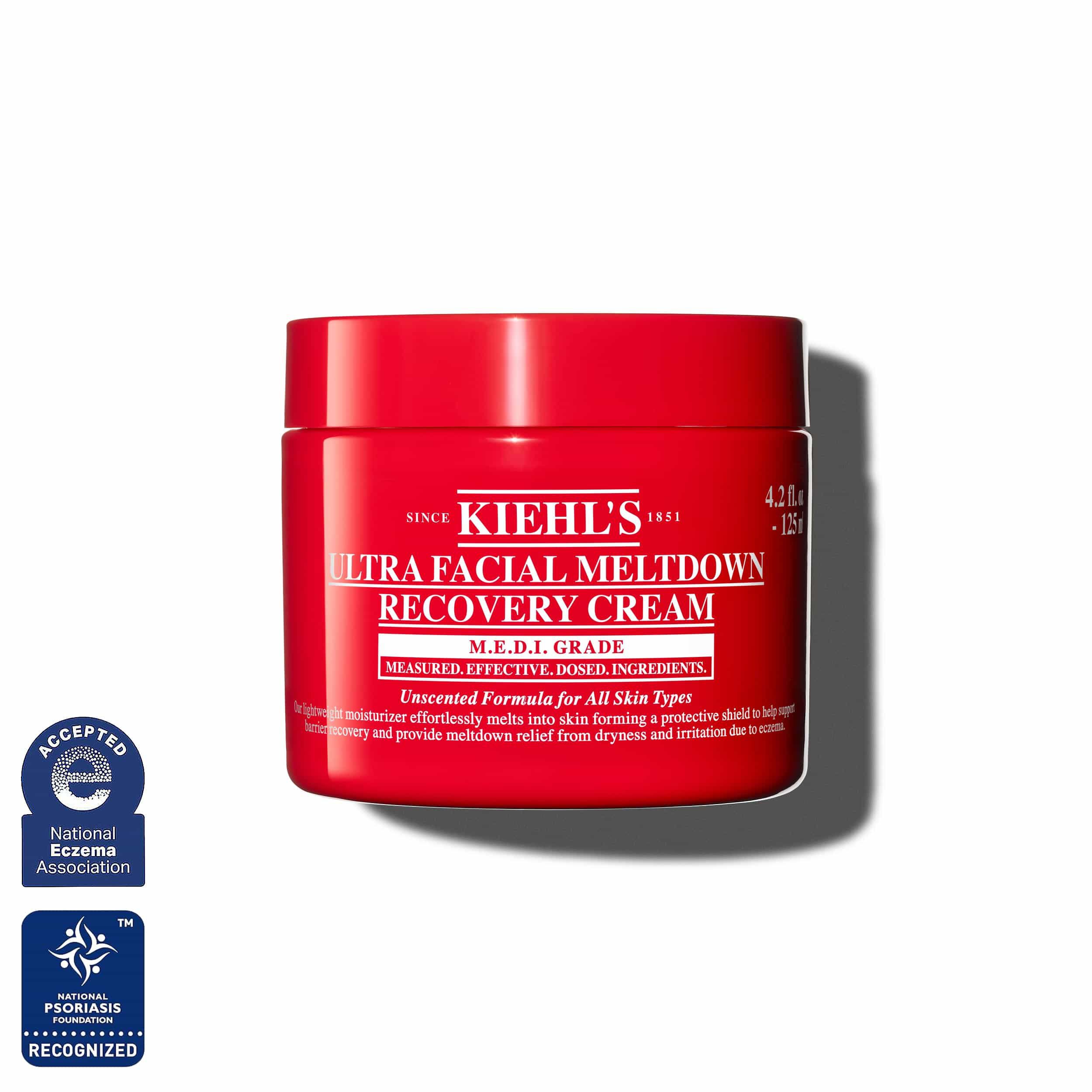 Rdeča posodica kreme Kiehl’s Ultra Facial Meltdown Recovery Cream Whip, velikost 125 ml.