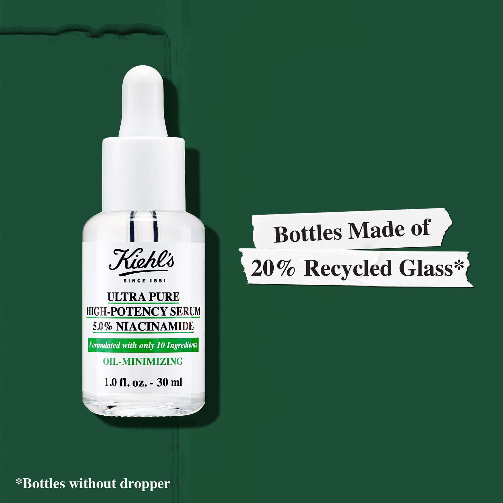 Stekleničke seruma Kiehl's Ultra Pure High-Potency Serum so izdelane iz 20 % recikliranega stekla