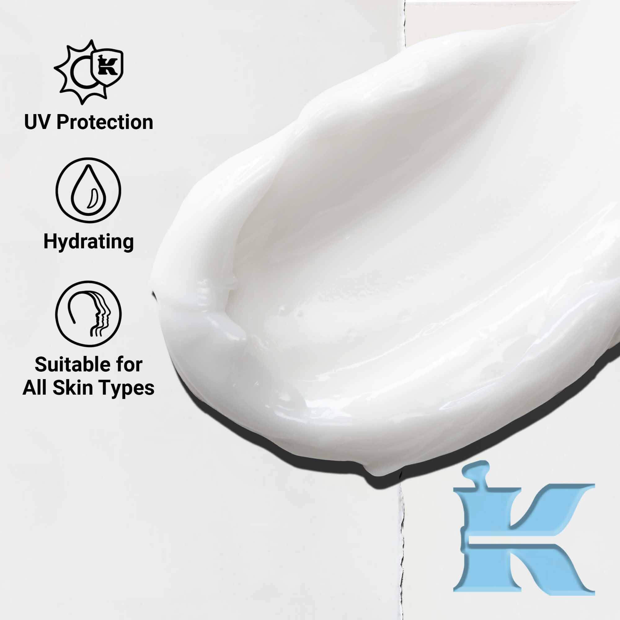 Bližinski posnetek teksture Ultra Facial Cream SPF 30, ki prikazuje lahko, kremasto formulo. Besedilo poudarja UV zaščito in vlažilne koristi.