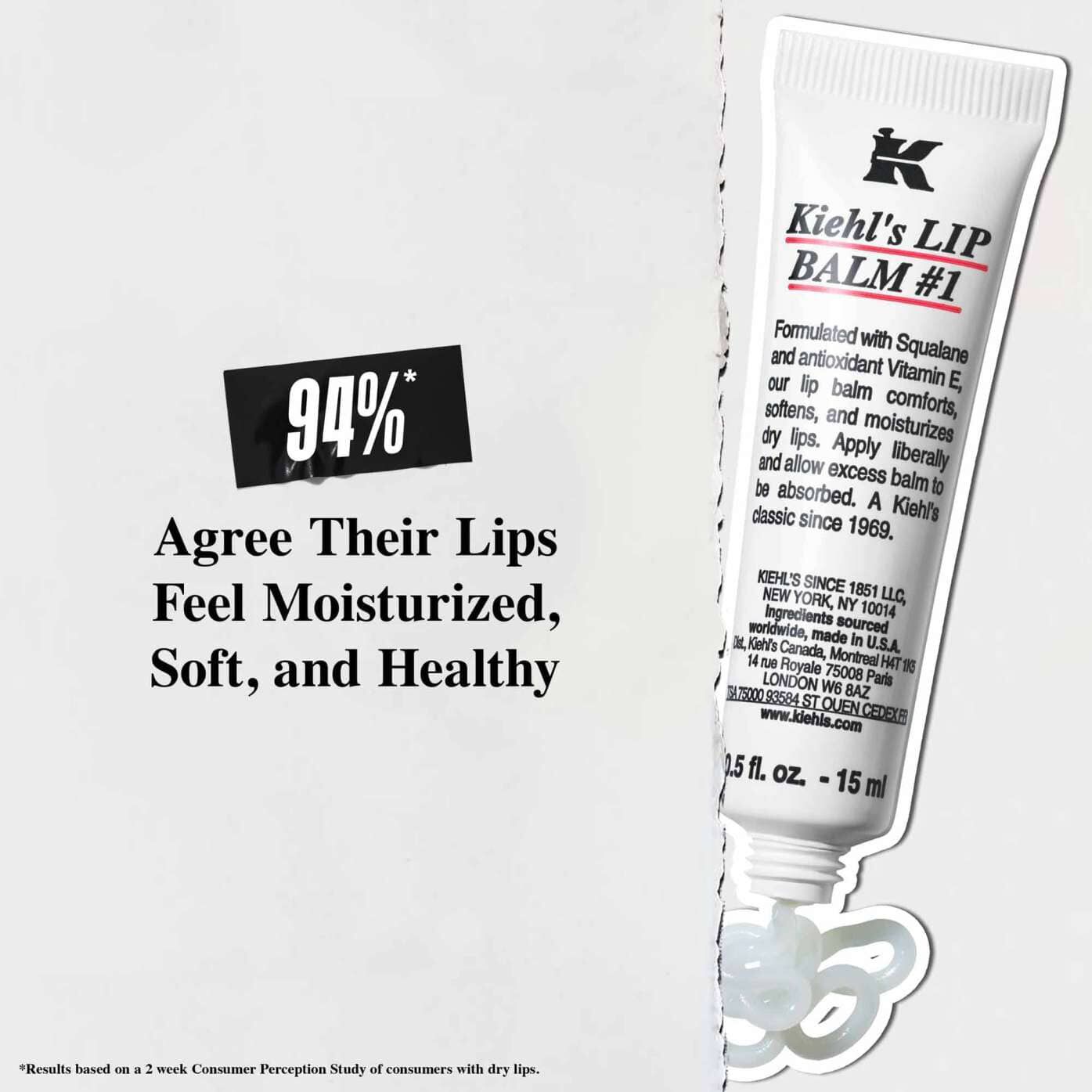 Tuba balzama Lip Balm #1 na belem ozadju z besedilom: »94 % se strinja, da so njihove ustnice navlažene, mehke in zdrave.«