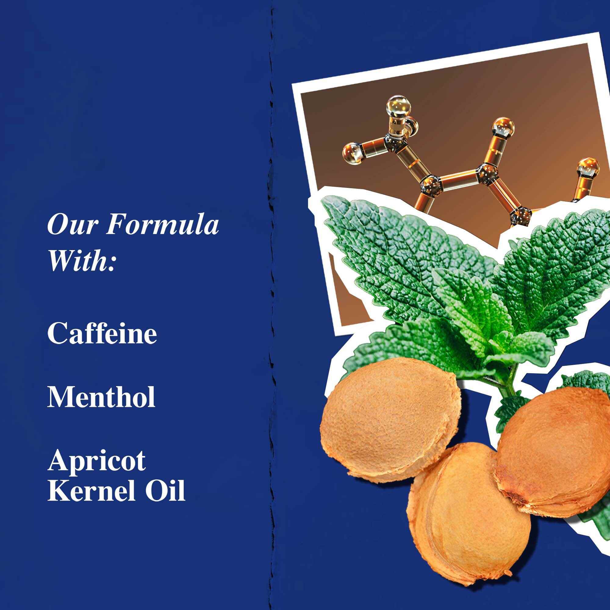 Grafični prikaz ključnih sestavin: kofein, mentol in olje mareličnih koščic.