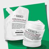 Kiehl's Ultra Facial Cream jar and refill pouch, recommended for strengthening skin barrier and providing 72-hour hydration.