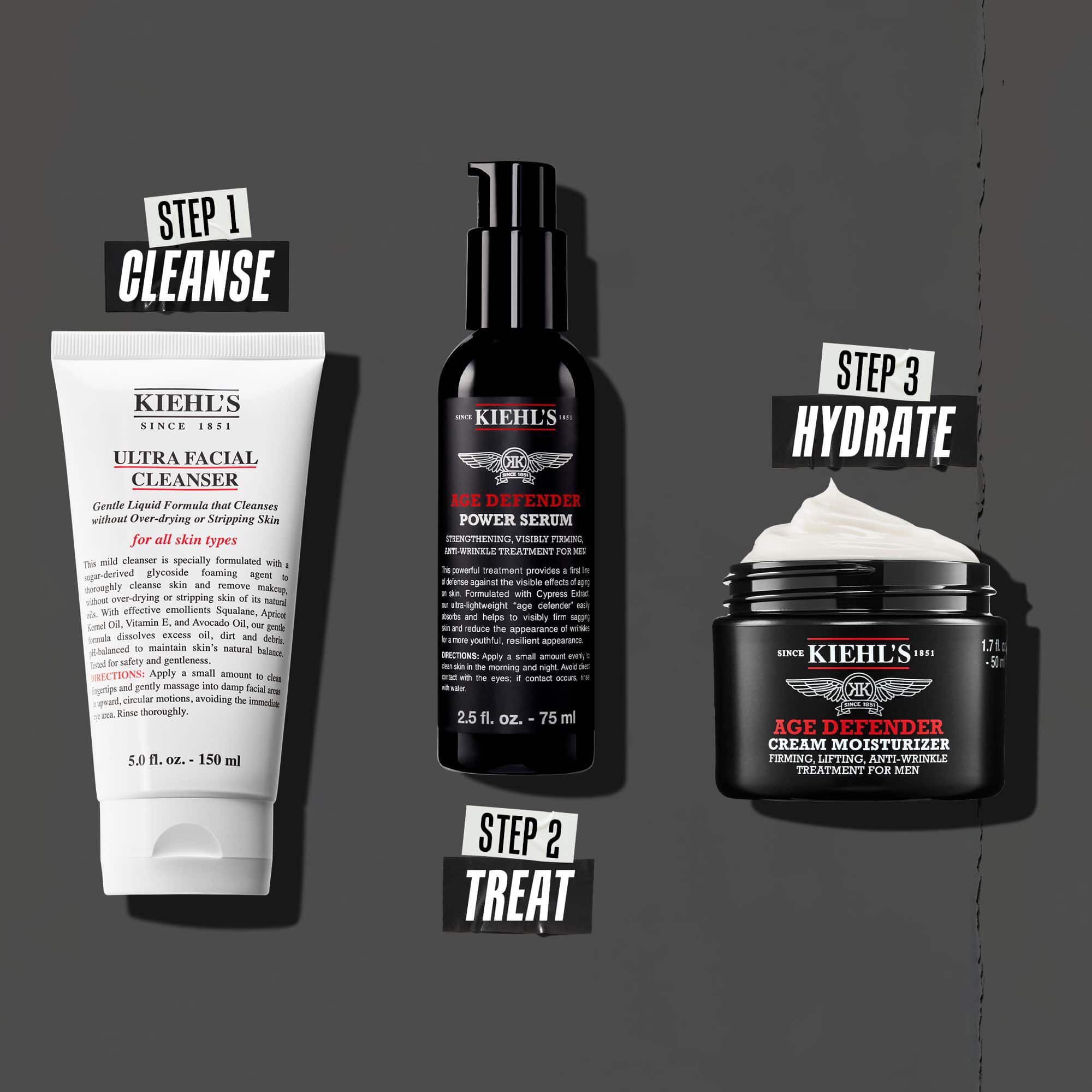 Rutina Age Defender v treh korakih: 1. korak: nega oči. 2. korak: vlažilni serum. 3. korak: obnavljajoča krema.