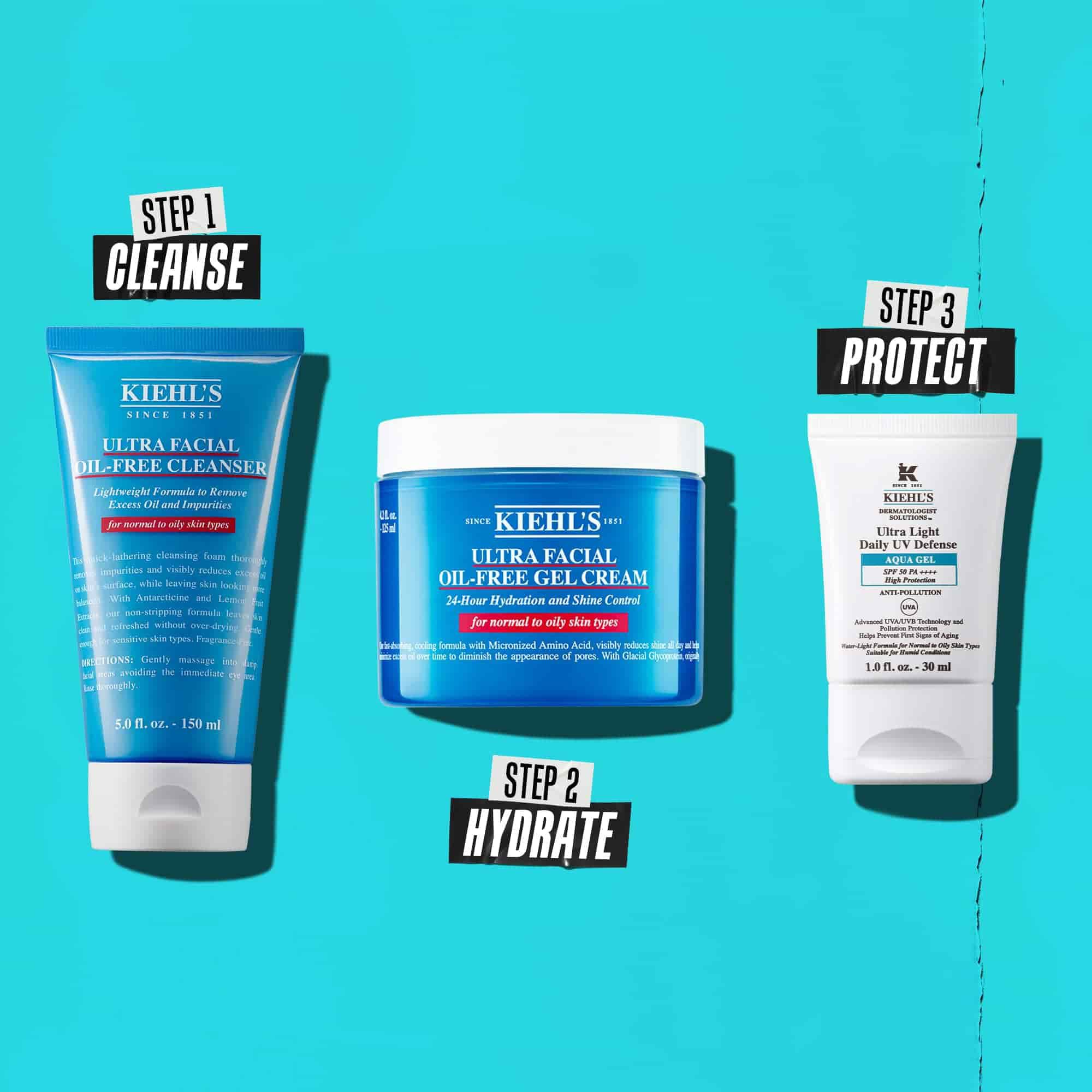 Tristopenjska rutina z izdelki Kiehl's. 1. korak: Ultra Facial Oil-Free Cleanser. 2. korak: Ultra Facial Oil-Free Gel Cream. 3. korak: Ultra Light Daily UV Defense Aqua Gel.