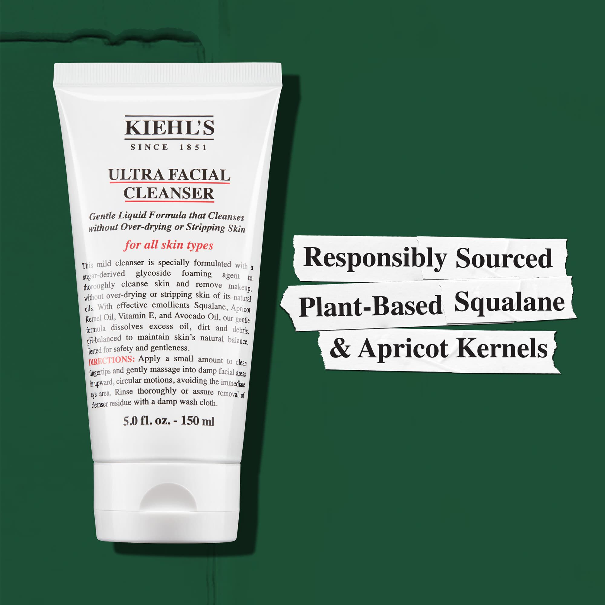 Kiehl's Ultra Facial Cleanser vsebuje odgovorno pridobljena rastlinski skvalan in marelična jedrca