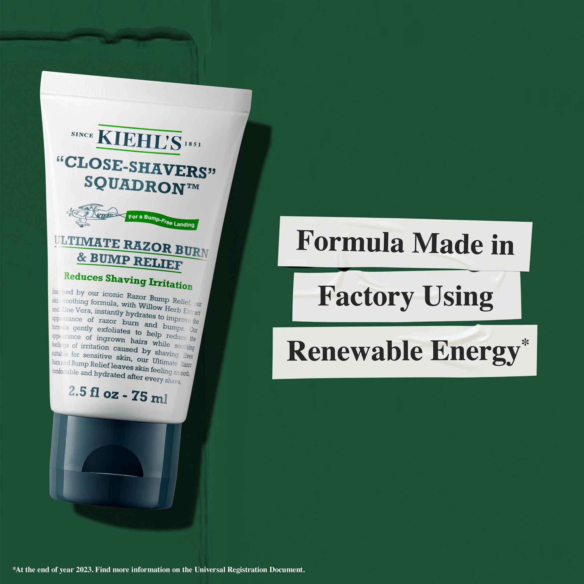 Tuba Close Shavers Squadron Smooth Glider Precision Shave Lotion z informacijami o trajnosti: »Formula izdelana v tovarni z uporabo obnovljive energije.«