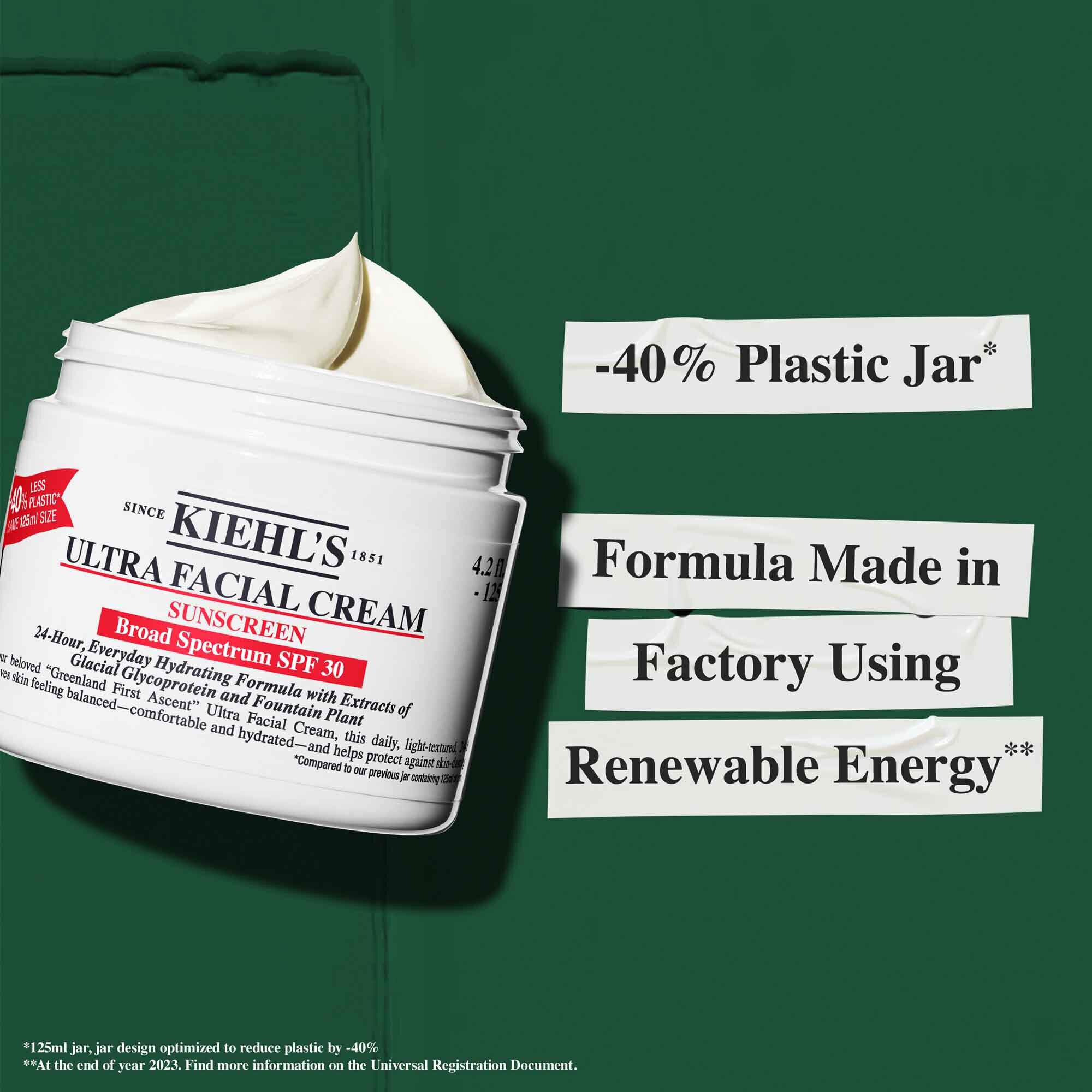 Lonček Ultra Facial Cream SPF 30 z besedilom, ki poudarja trajnostne trditve: »-40 % plastični lonček« in »Formula izdelana v tovarni z uporabo obnovljive energije.«