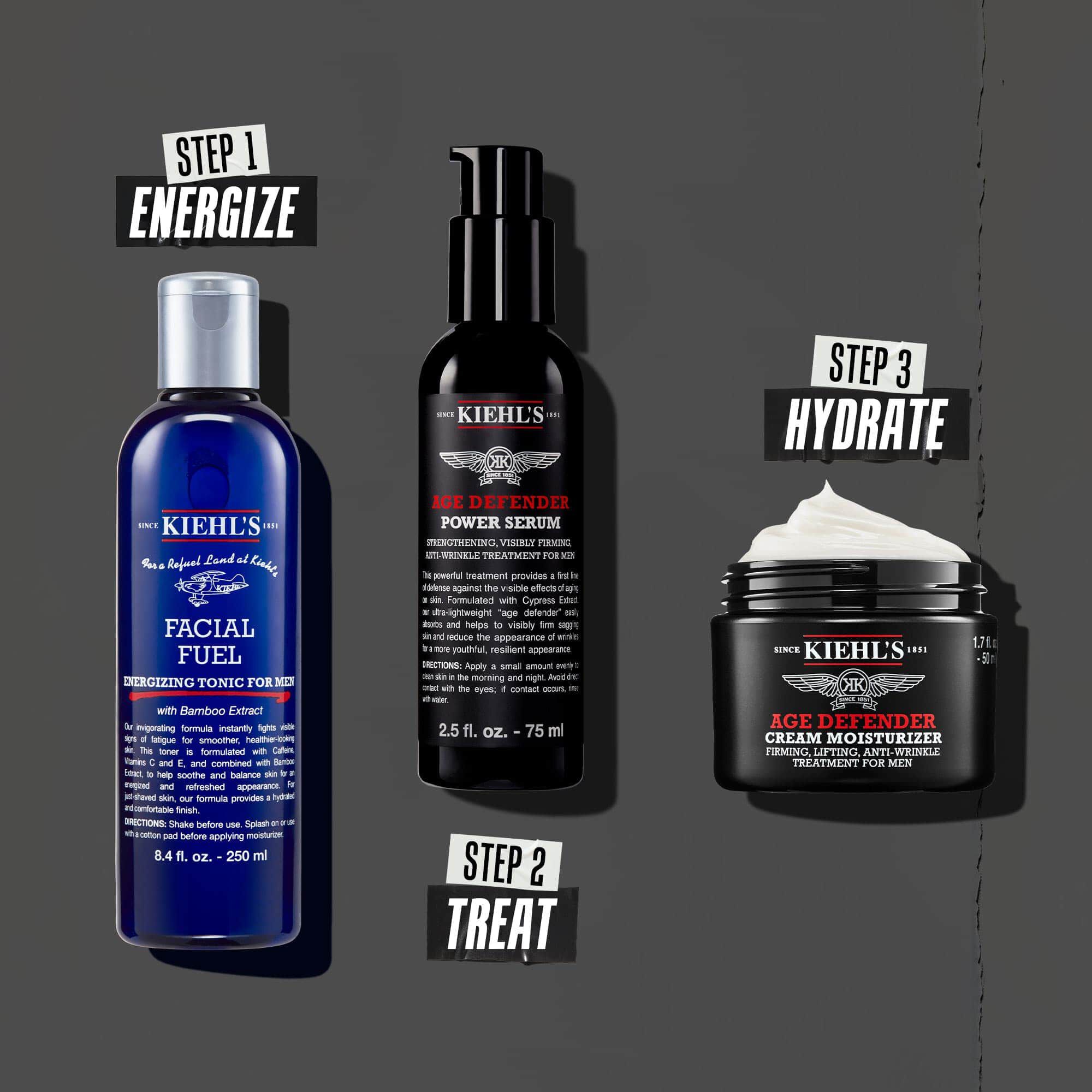 Rutina Age Defender v treh korakih: 1. korak: nega oči. 2. korak: vlažilni serum. 3. korak: obnavljajoča krema.