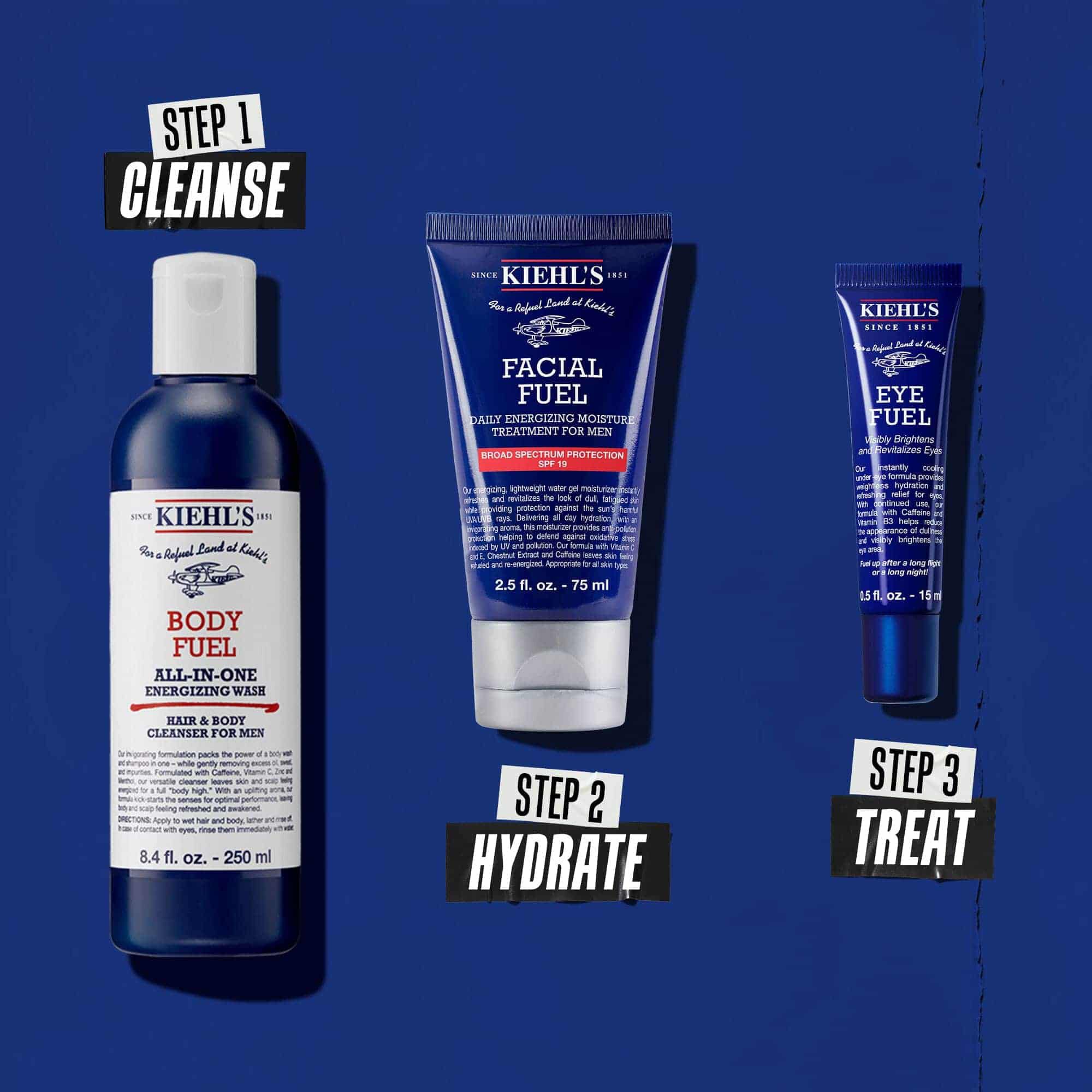Rutina Body Fuel v treh korakih: 1. korak: umivanje. 2. korak: vlaženje z Facial Fuel Treatment. 3. korak: krema za oči Facial Fuel Eye Fuel.