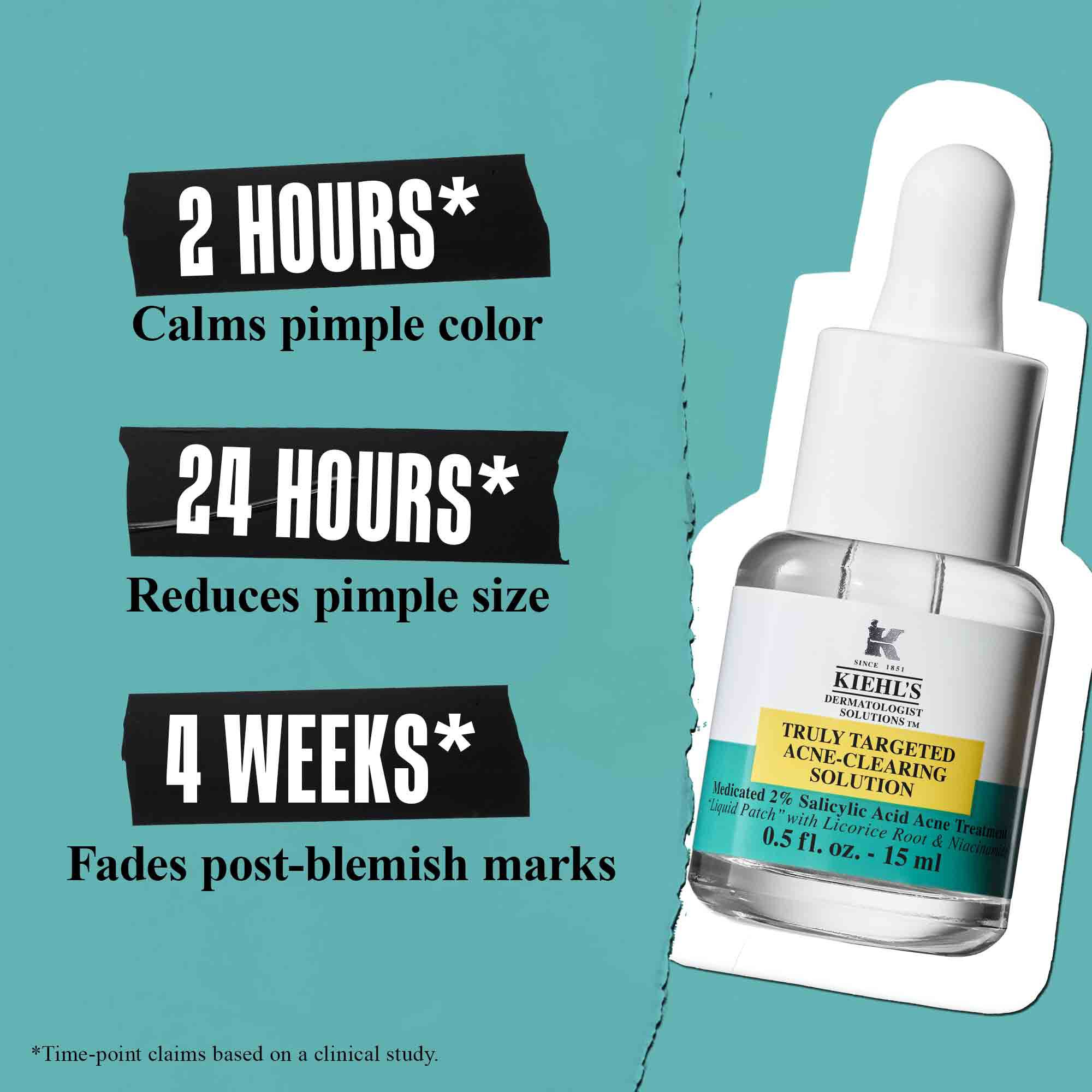 Steklenička Truly-Targeted Blemish-Clearing Solution na zelenem ozadju z besedilom: »2 uri* Pomiri barvo mozolja«, »24 ur* Zmanjša velikost mozolja« in »4 tedni* Zbledi madeže po nepravilnostih«.