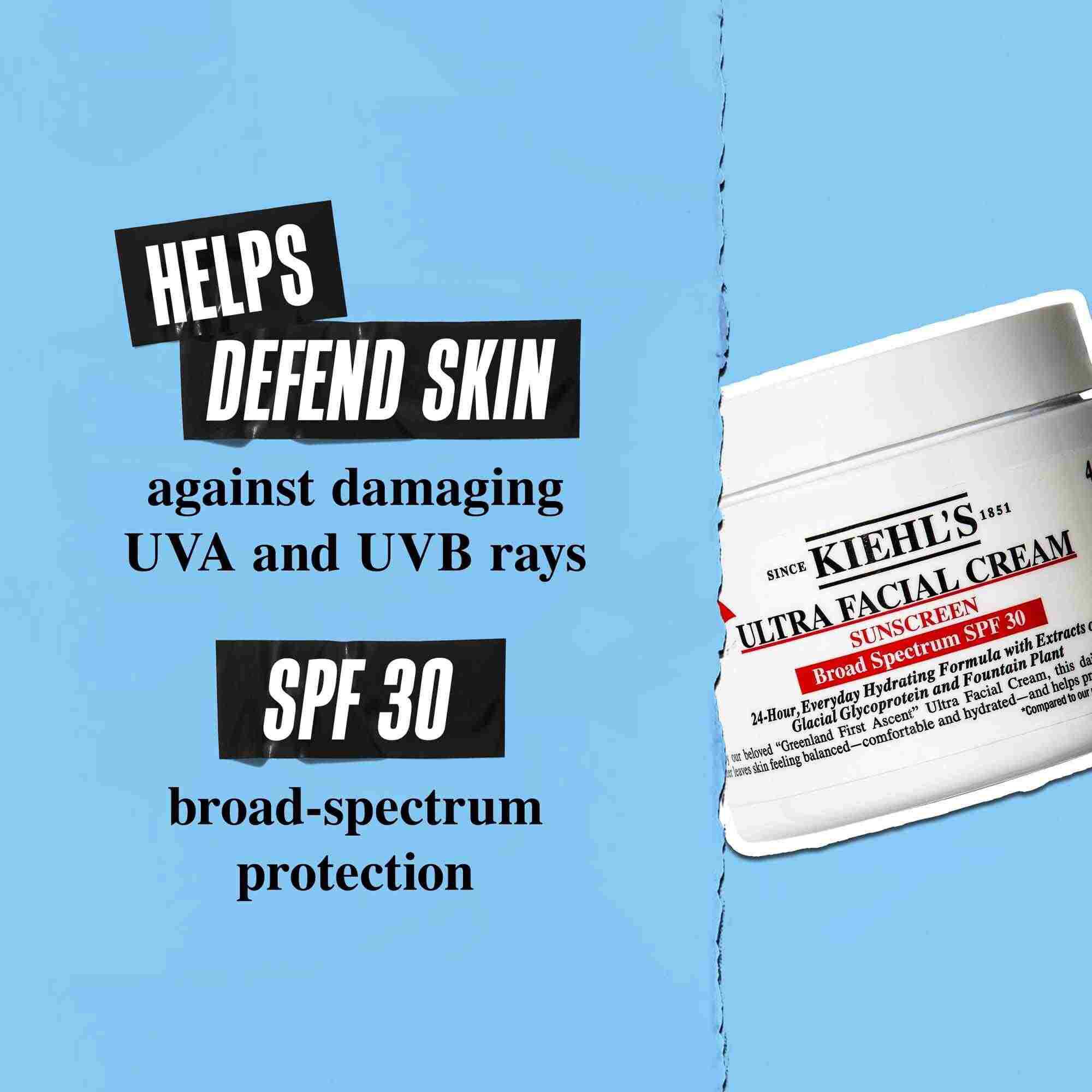 Lonček Ultra Facial Cream SPF 30 na modrem ozadju z besedilom: »Pomaga pri obrambi kože pred škodljivimi UVA in UVB žarki. Zaščita širokega spektra ZF 30.«