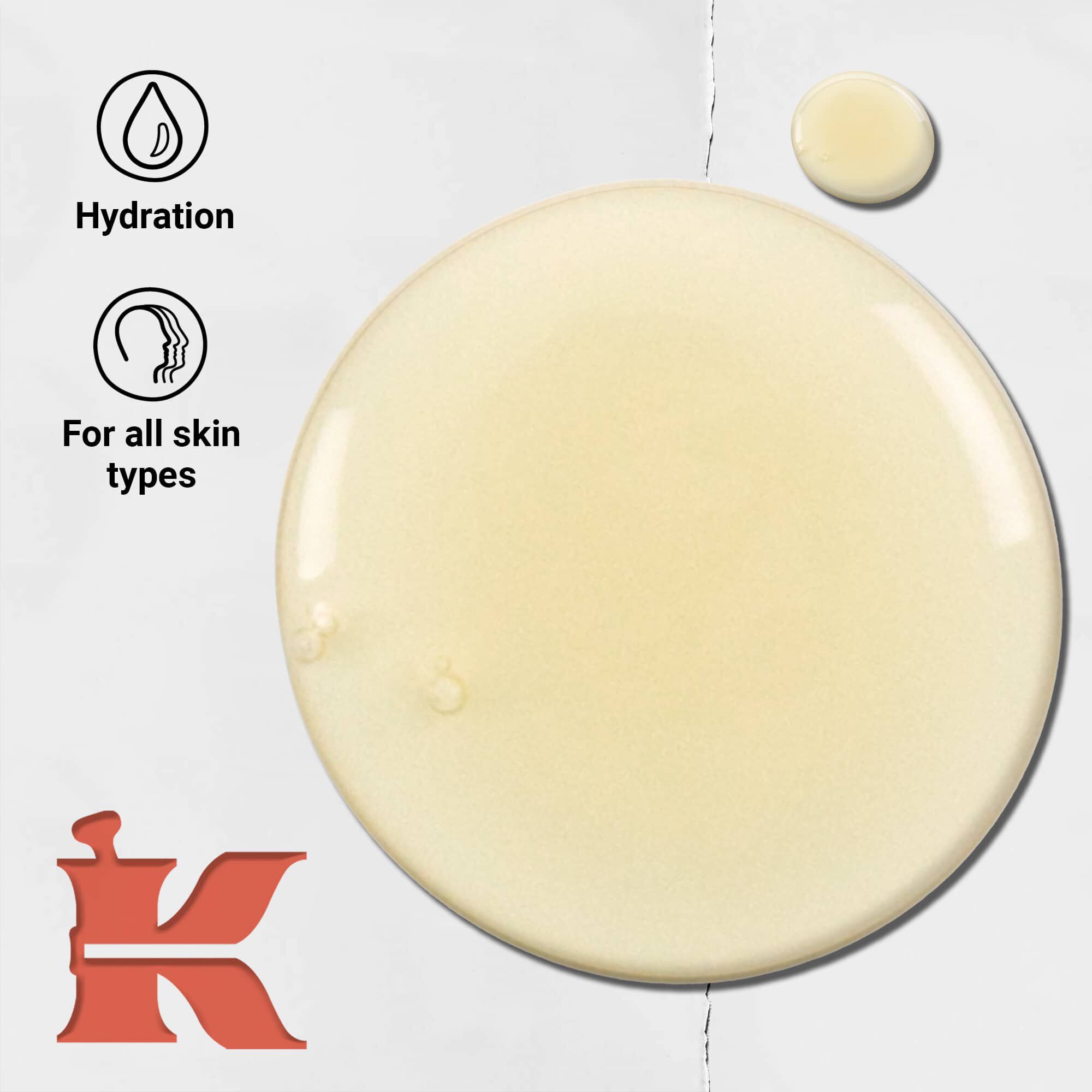 Fotografija teksture tekočega čistila za telo z grejpfrutom z ikonami, ki označujejo vlaženje in primernost za vse tipe kože