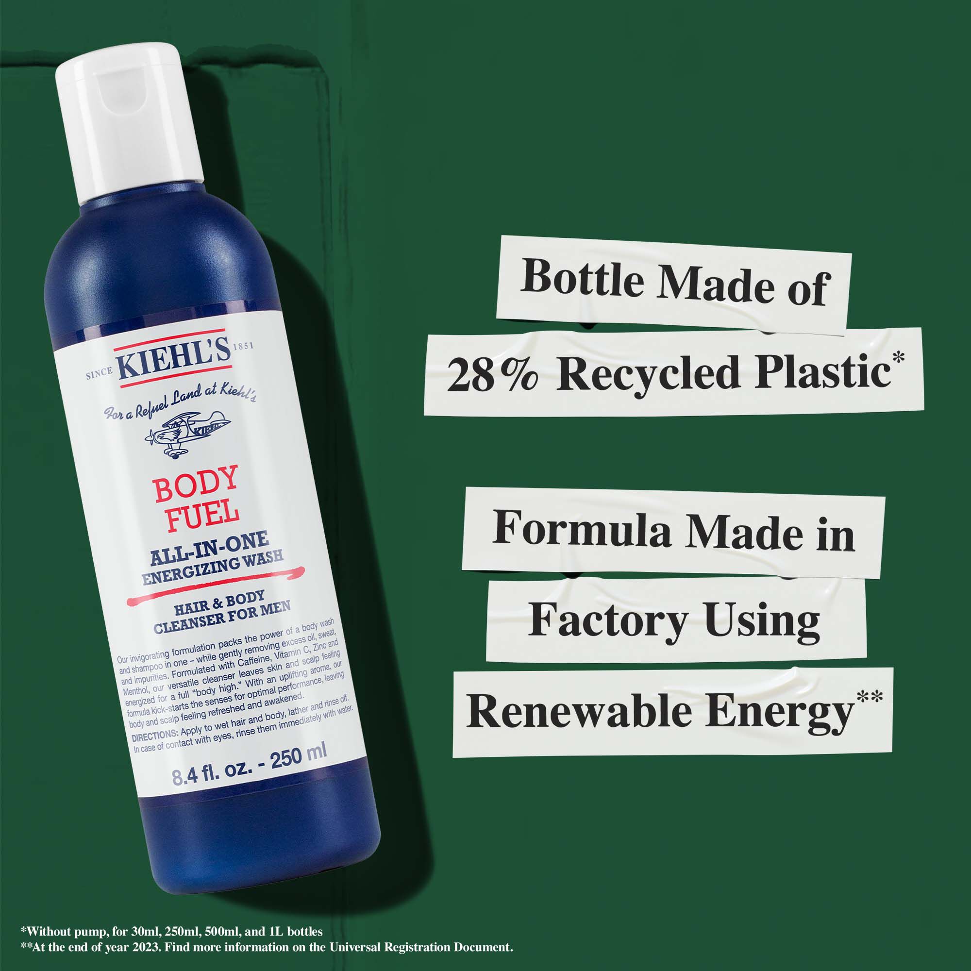 Plastenka Body Fuel izdelana iz 28 % reciklirane plastike; formula izdelana v tovarni z uporabo obnovljive energije.