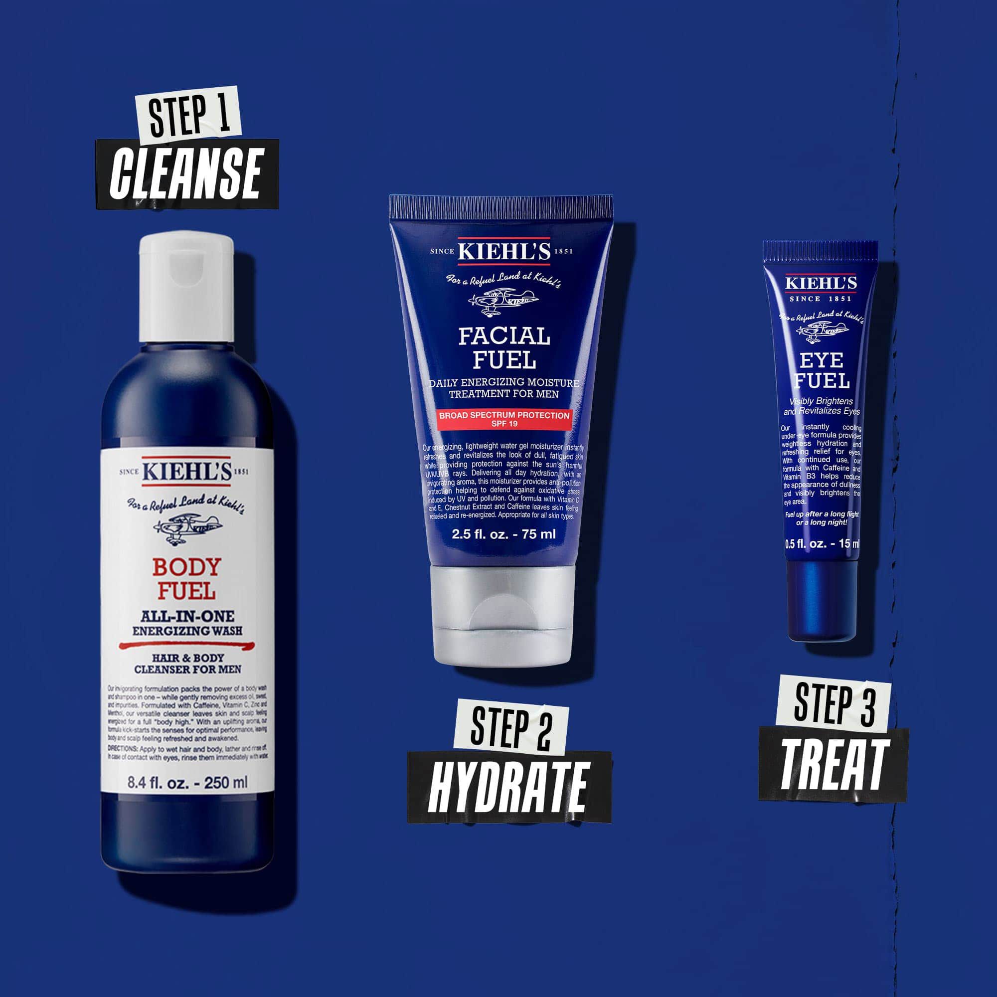 Rutina Body Fuel v treh korakih: 1. korak: umivanje. 2. korak: vlaženje z Facial Fuel Treatment. 3. korak: krema za oči Facial Fuel Eye Fuel.