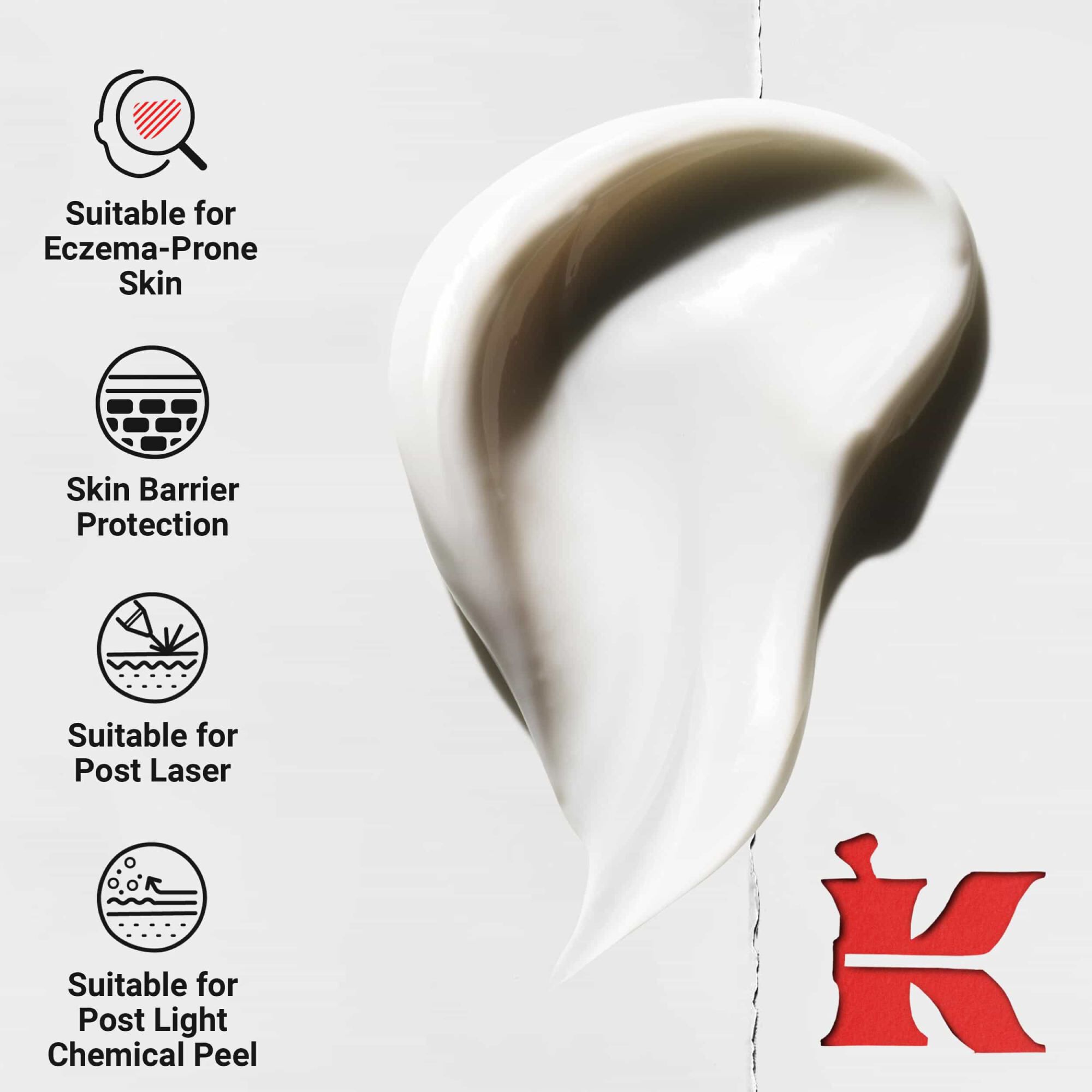 Dinamičen vrtinec goste kreme; ikone poudarjajo prednosti: primerno za kožo, nagnjeno k ekcemom, zaščita kožne bariere, po laserju in po blagem kemičnem pilingu.