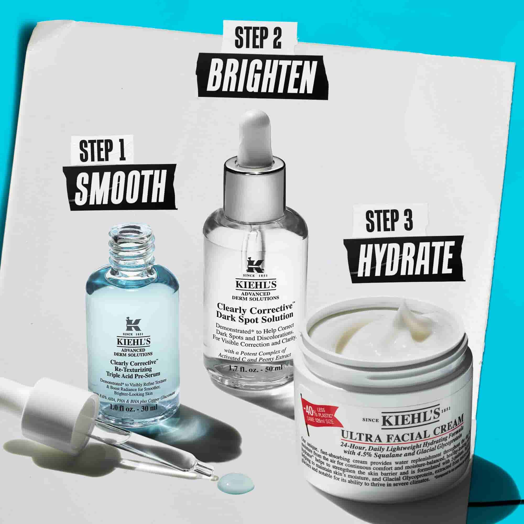 Dva izdelka Kiehl's na beli površini z modrim ozadjem: Clearly Corrective Triple Acid Peel in Retinol Skin-Renewing Daily Micro-Dose Serum.