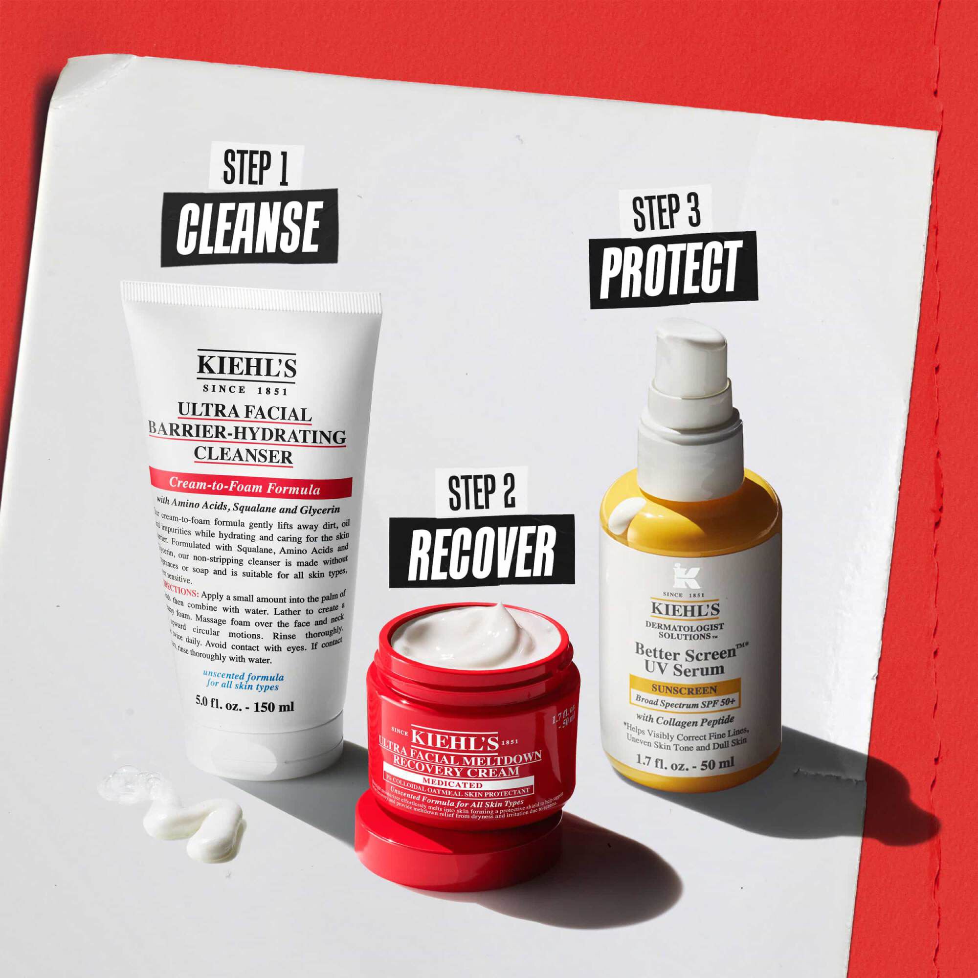 Trije izdelki Kiehl’s: 1. korak čiščenje (Barrier-Hydrating Cleanser), 2. korak obnova (Meltdown Recovery Cream) in 3. korak zaščita (Better Screen UV Serum).