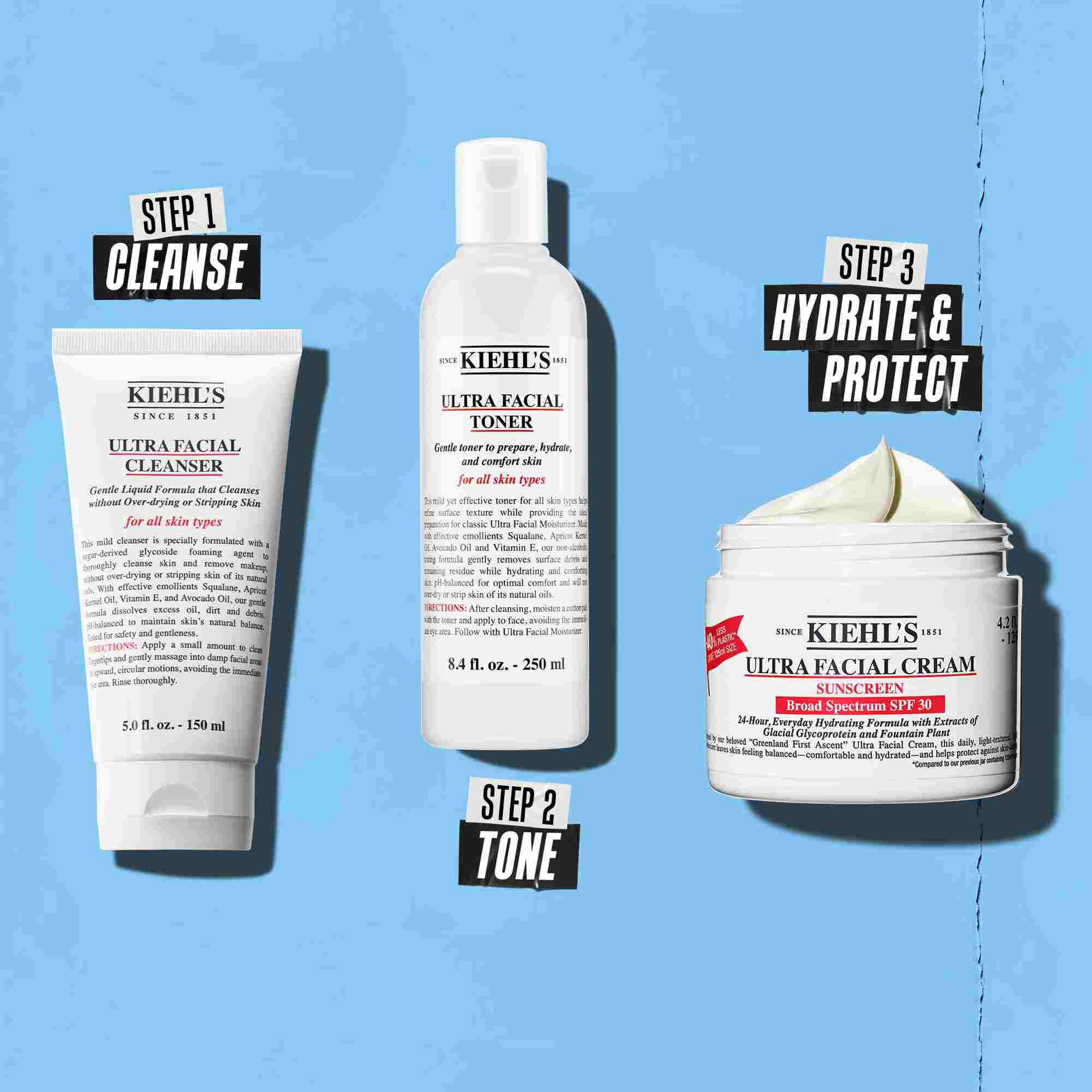 Tristopenjska rutina z izdelki Kiehl's. 1. korak: Ultra Facial Cleanser. 2. korak: Ultra Facial Toner. 3. korak: Ultra Facial Cream SPF 30.