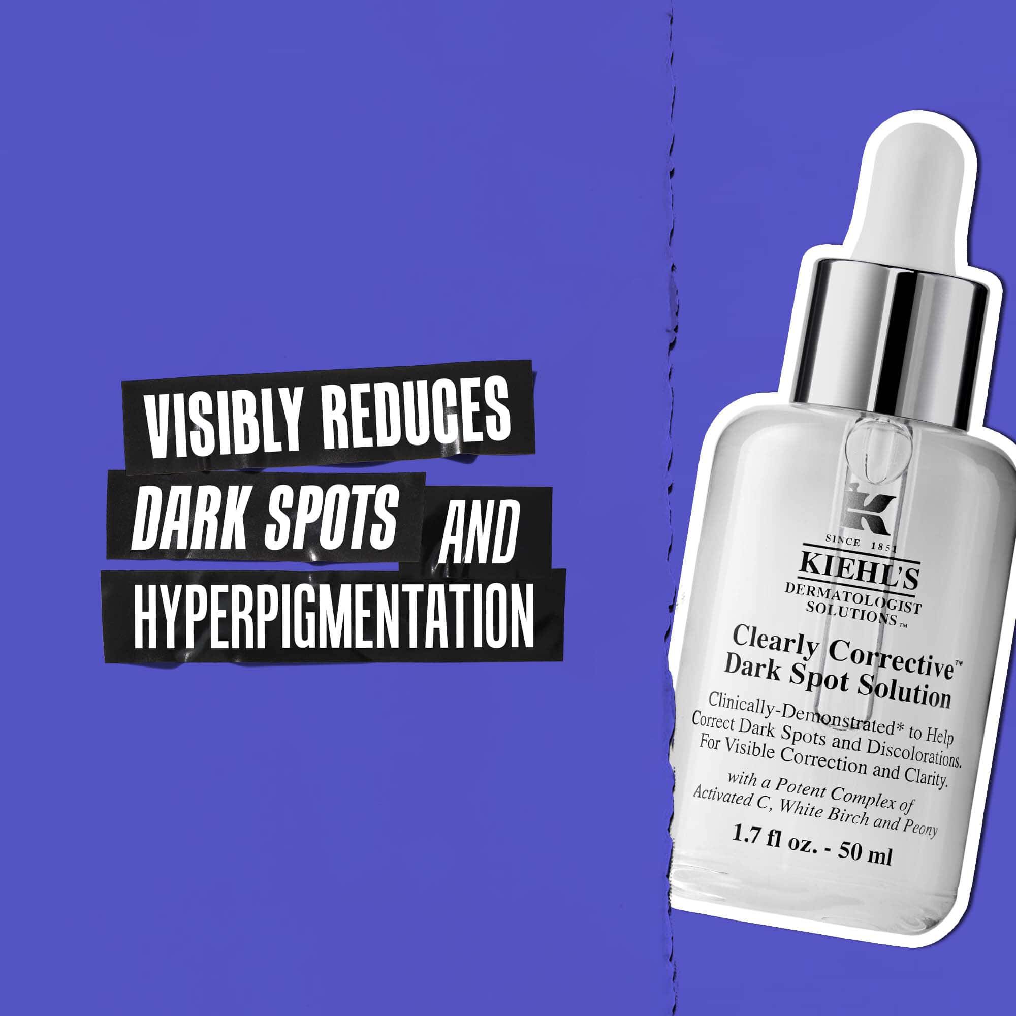 Steklenička Clearly Corrective Dark Spot Solution z besedilom: Vidno zmanjša temne madeže in hiperpigmentacijo.