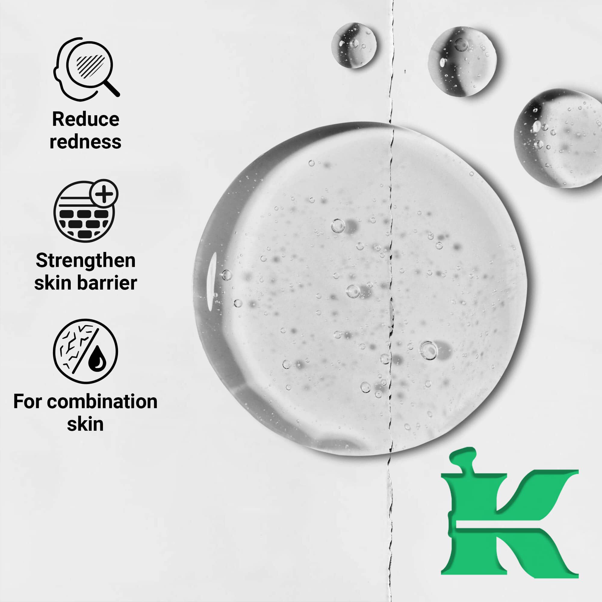 Fotografija teksture z ikonami: zmanjšuje rdečico, krepi kožno bariero, za mešano kožo