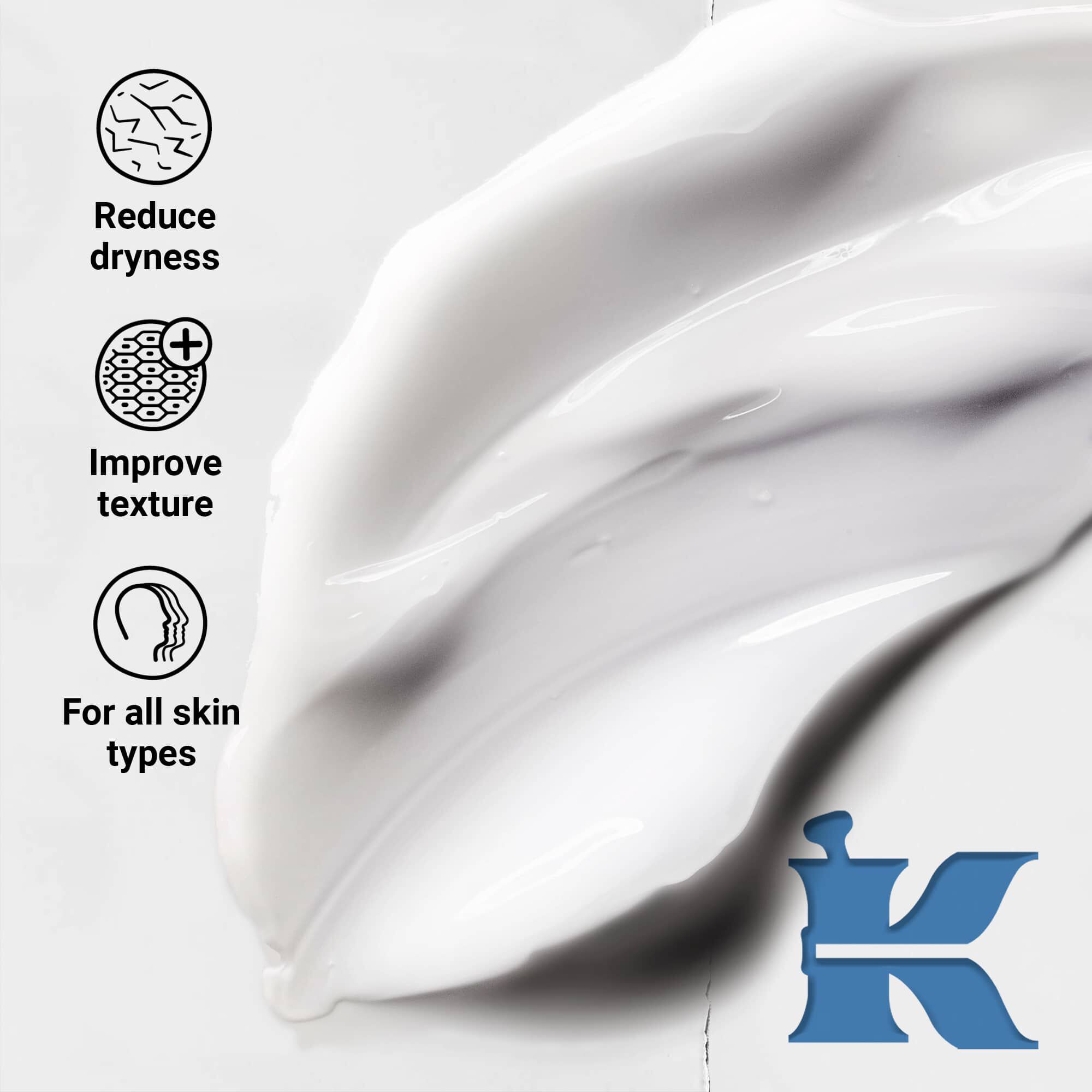 Fotografija teksture izdelka, ki navaja, da zmanjšuje suhost, izboljšuje teksturo in je primerna za vse tipe kože