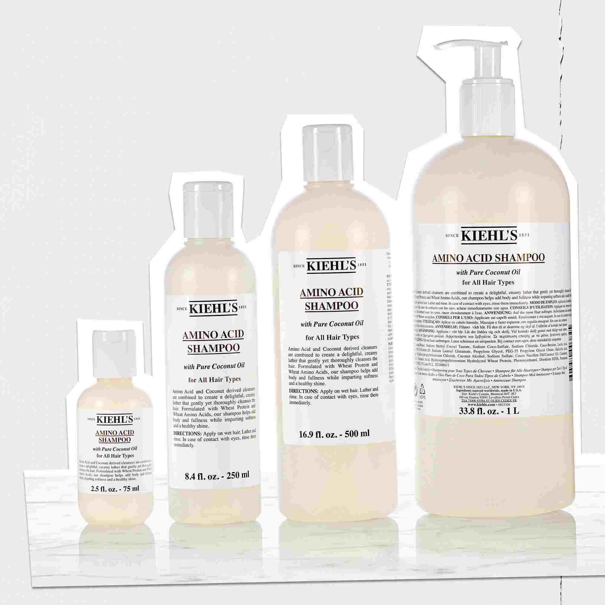 Linija stekleničk šampona Kiehl's Amino Acid v različних velikostih
