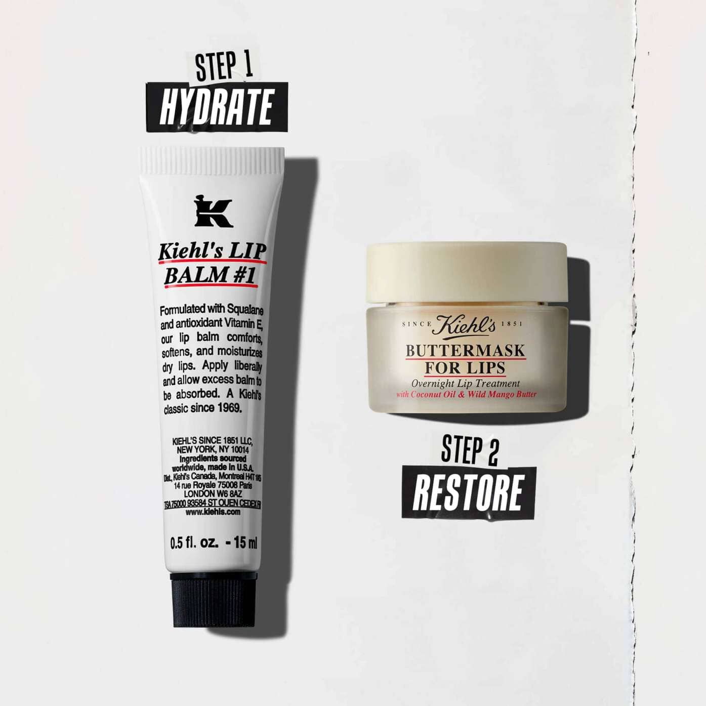 Rutina v dveh korakih, ki vključuje Lip Balm #1 za vlaženje in Butter Mask za obnovo.