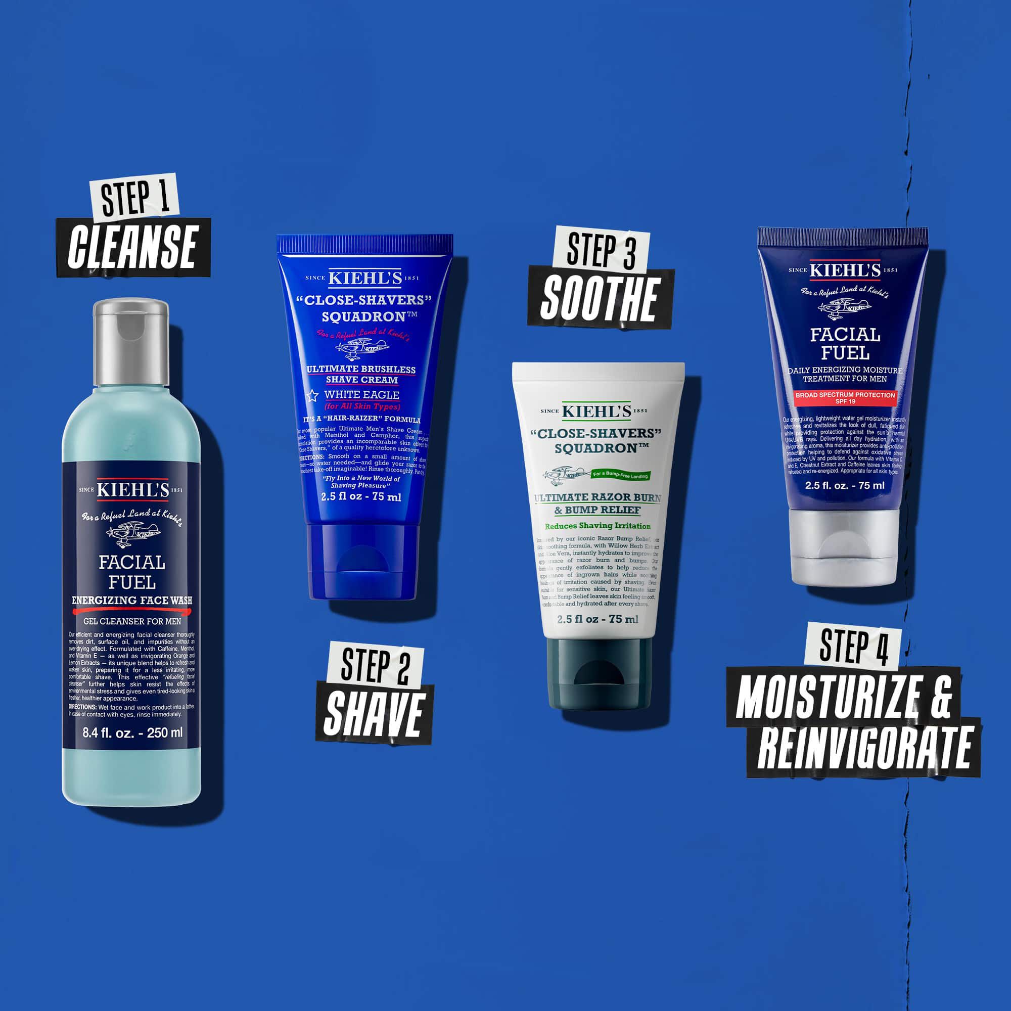 Štirstopenjska rutina z izdelki Kiehl's. 1. korak: Facial Fuel Cleanser. 2. korak: Ultimate Brushless Shave Cream. 3. korak: Ultimate Razor Bump and Relief. 4. korak: Facial Fuel Moisturizer.