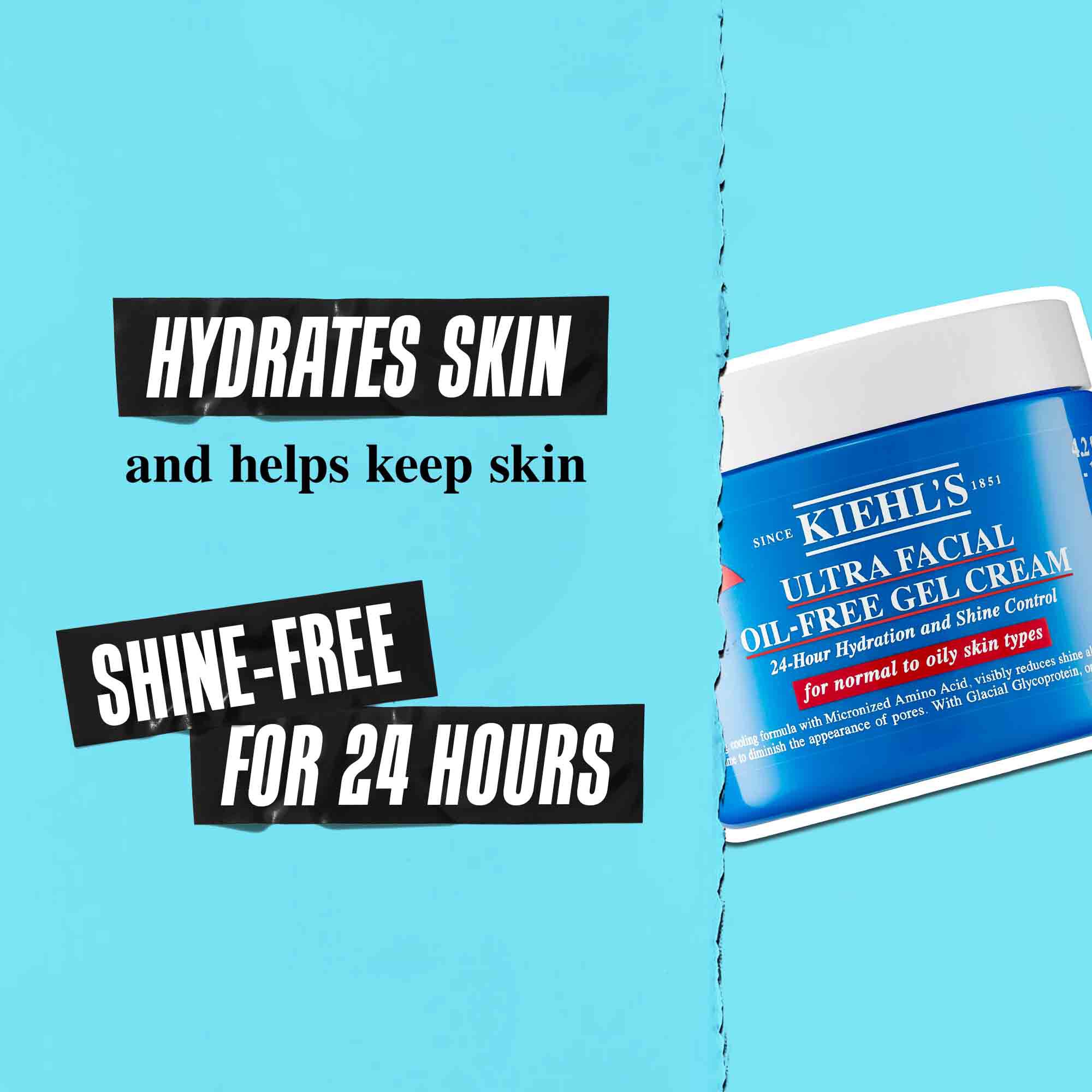 Lonček Ultra Facial Oil-Free Gel Cream na modrem ozadju z besedilom: »Vlaži kožo in pomaga ohranjati kožo brez sijaja 24 ur.«