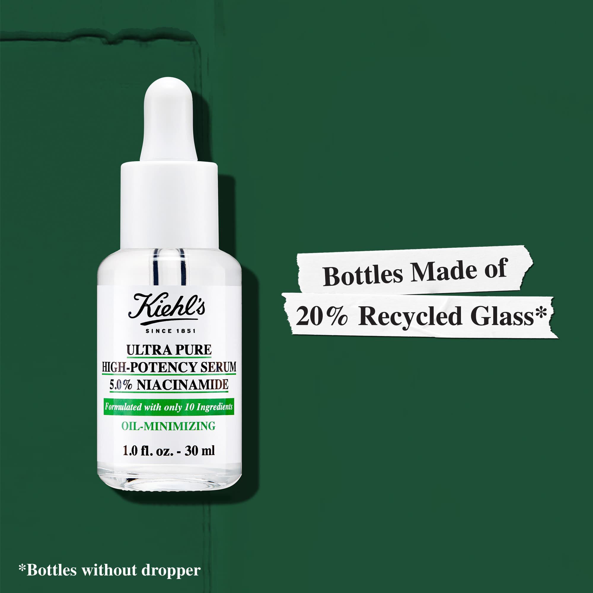 Stekleničke seruma Kiehl's Ultra Pure High-Potency Serum so izdelane iz 20 % recikliranega stekla