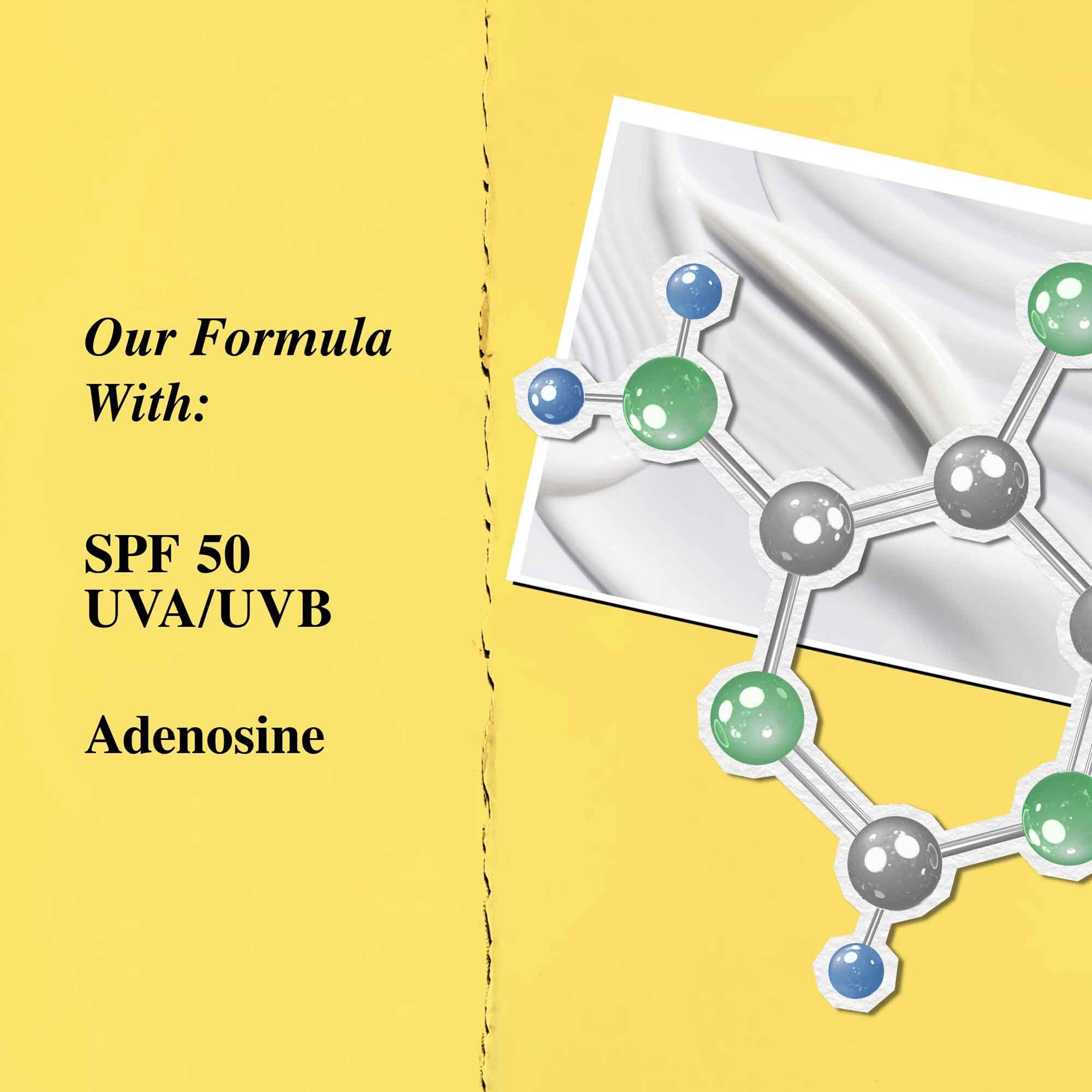 Grafični prikaz ključnih sestavin: SPF 50 in adenozin.