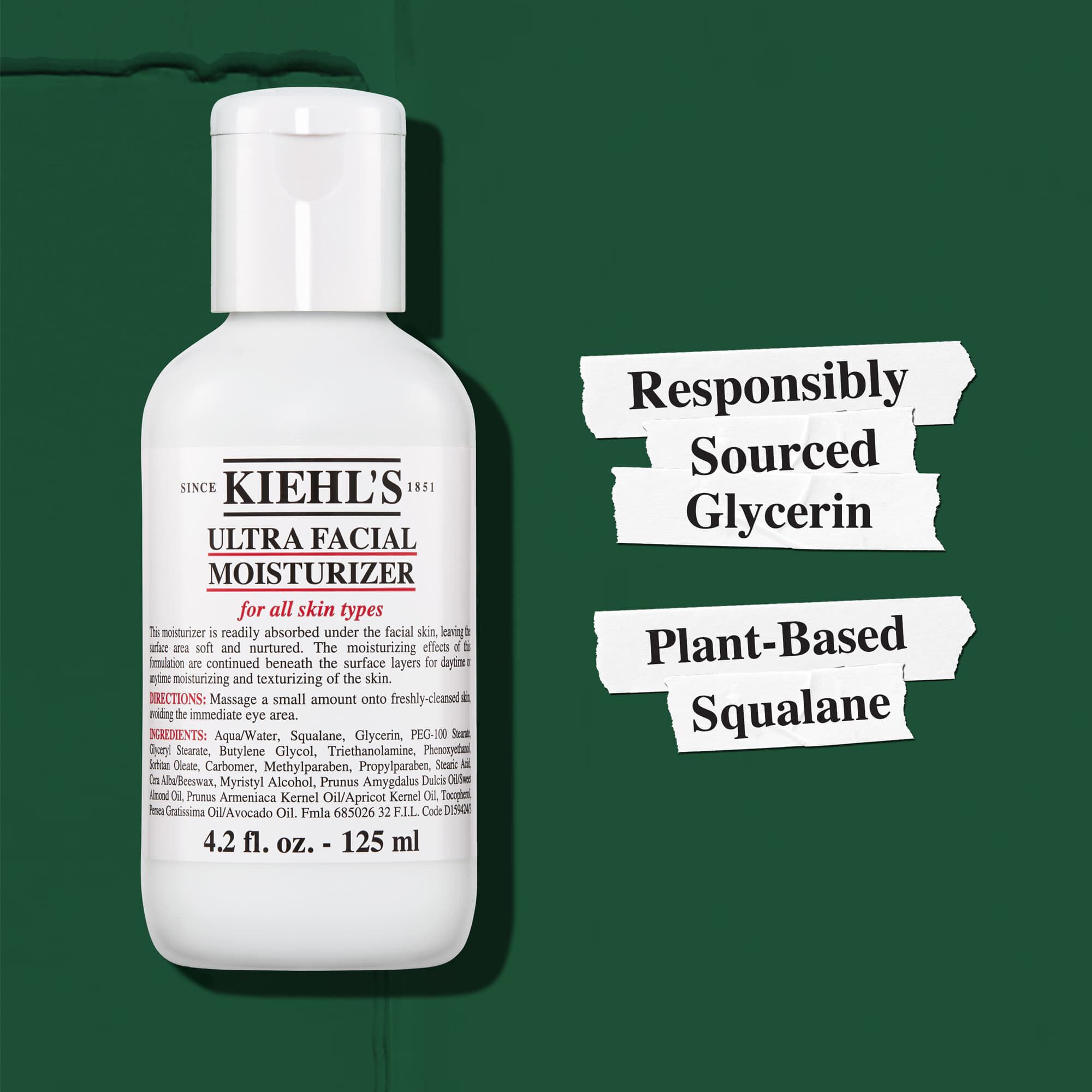 Kiehl's Ultra Facial Moisturizer vsebuje odgovorno pridobljen glicerin in rastlinski skvalan