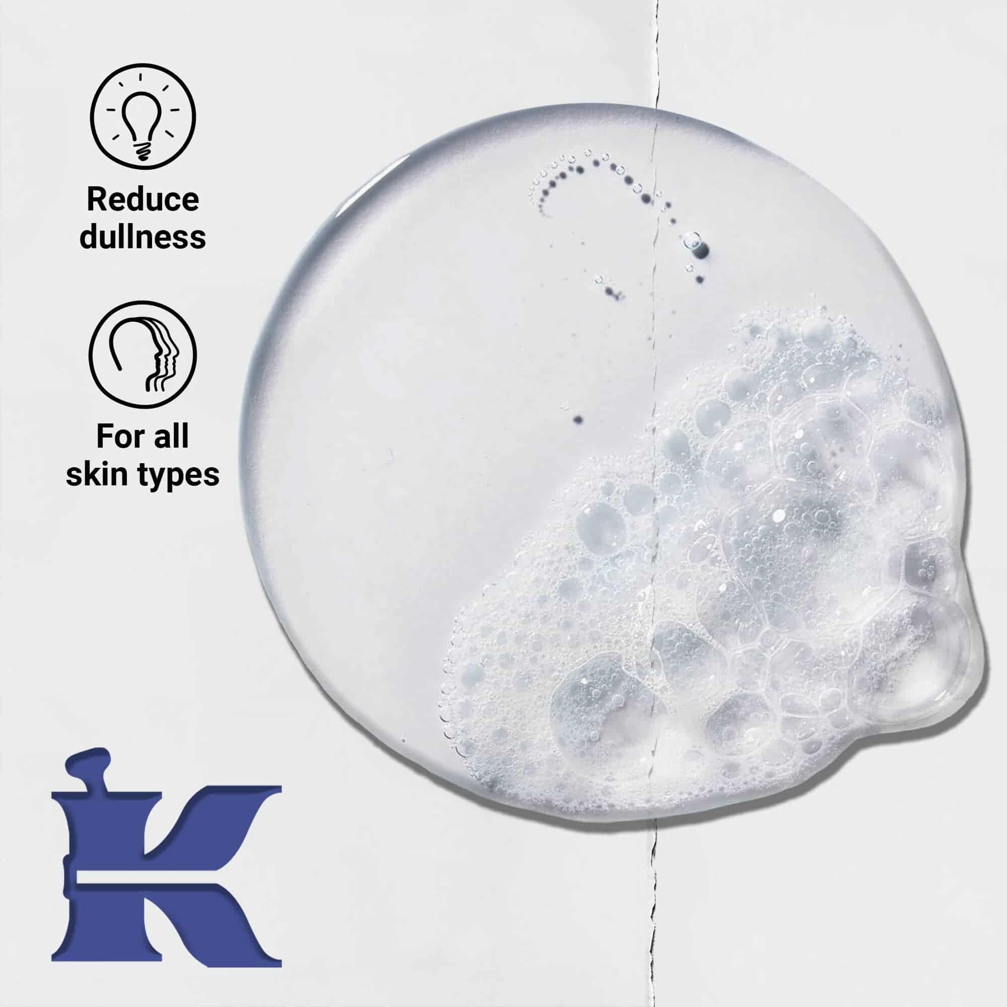 Fotografija teksture Facial Fuel z ikonami, ki označujejo, da zmanjšuje pust videz kože in je primerna za vse tipe kože